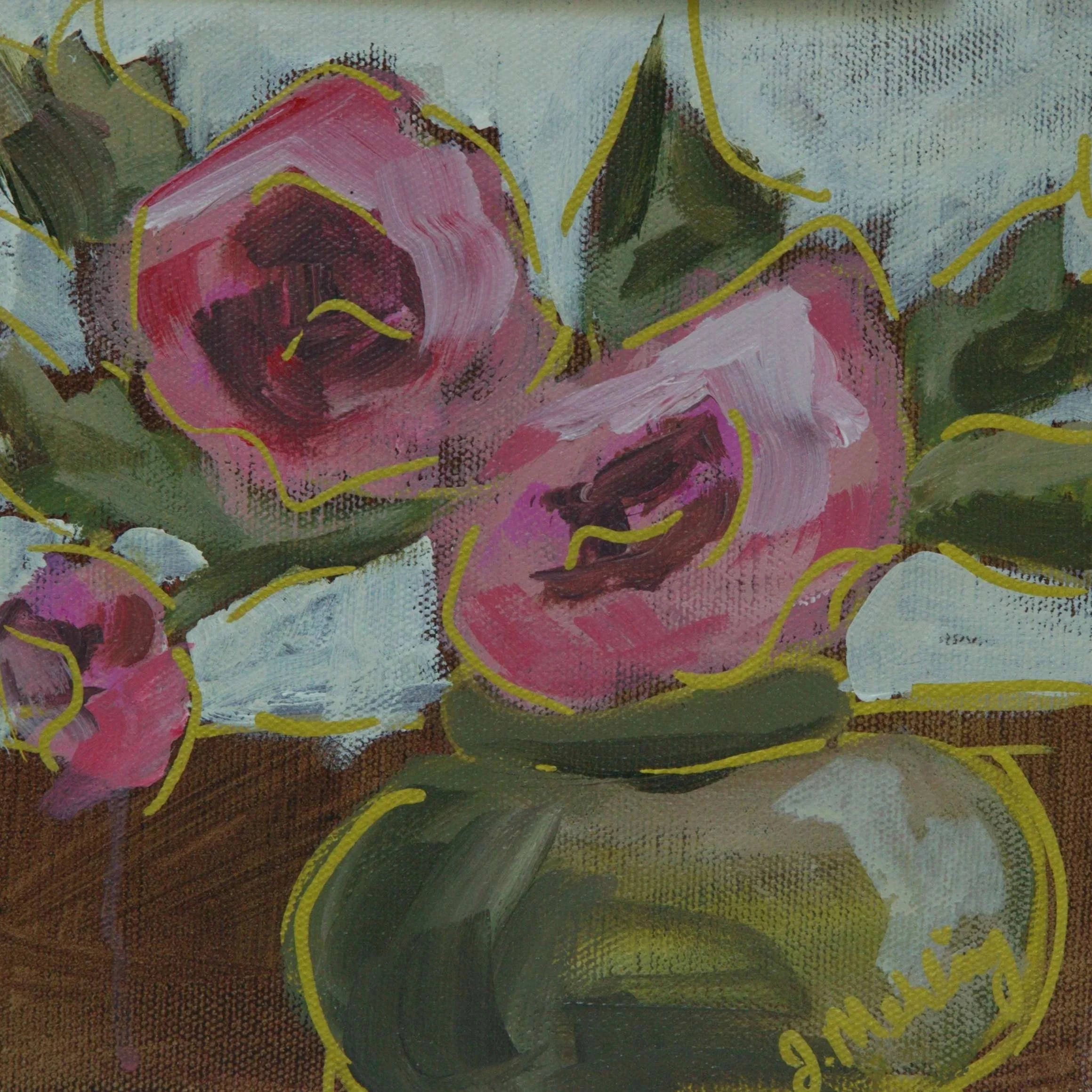 First Blooms Beginning, an original 8 × 8 acrylic floral painting by Jennifer Mehling featuring expressive pink flowers, green foliage and gold line details.