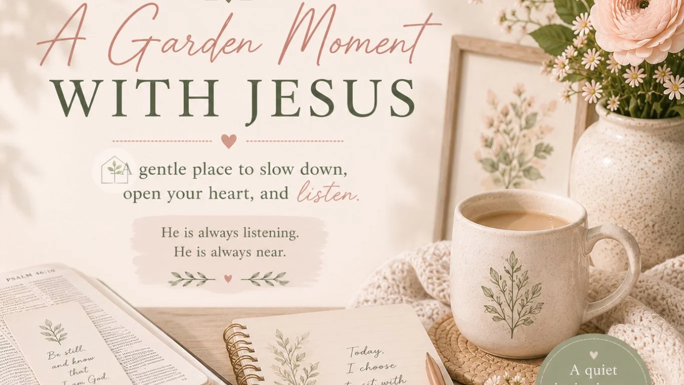 Soft Christian devotional flatlay with Bible, flowers, journal, and warm neutral tones featuring the title “A Garden Moment with Jesus.”