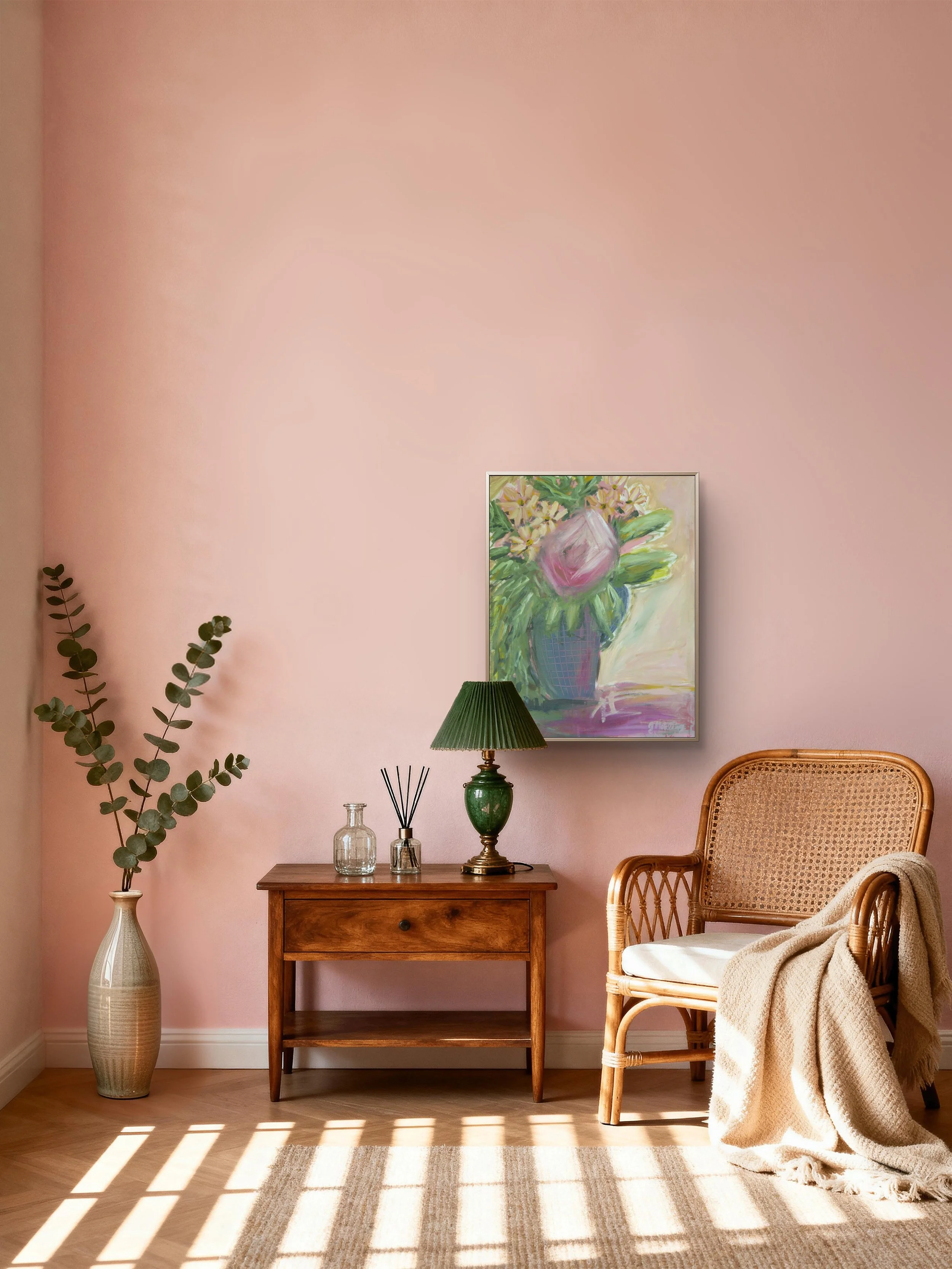 Let Me Move Your Heart original 22 × 28 acrylic floral painting with expressive pink flowers and a decorative vessel by Jennifer Mehling