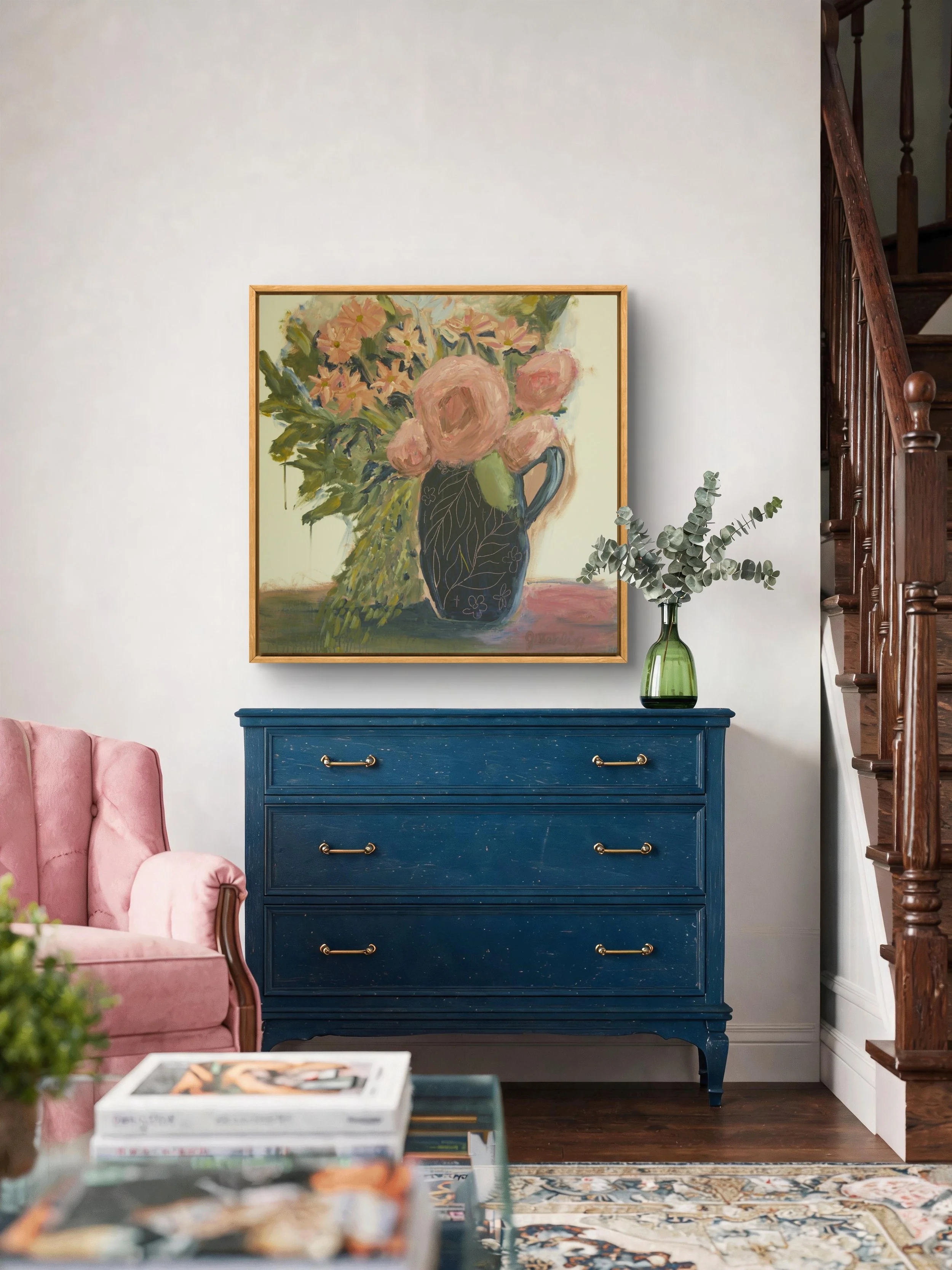 My Glory Transforms You, an original 30 × 30 acrylic floral painting by Jennifer Mehling featuring expressive pink flowers gathered in a deep blue-black botanical vessel.