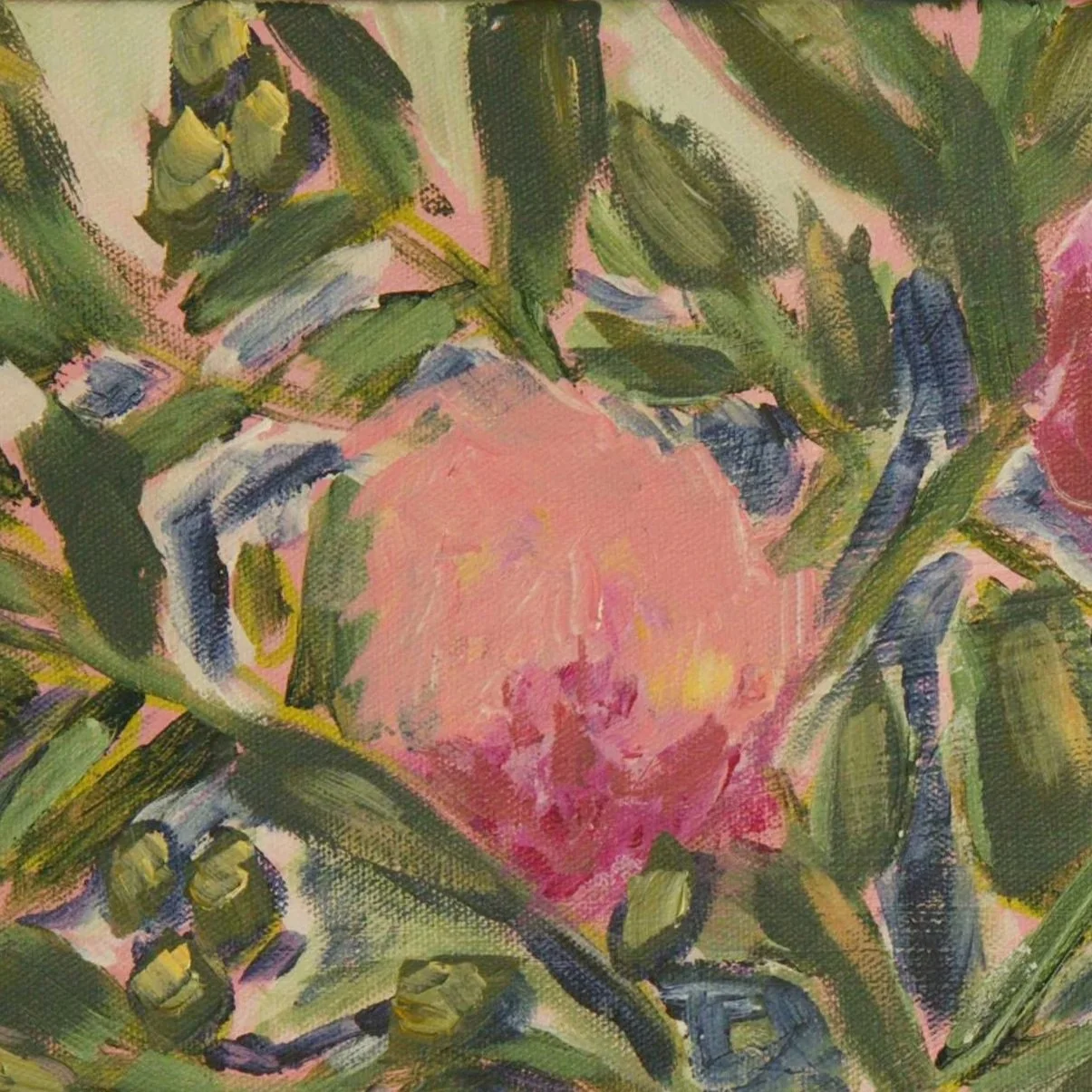 Detail view of Beauty Carried showing layered acrylic paint, loose brushstrokes, and expressive marks by artist Jennifer Mehling.