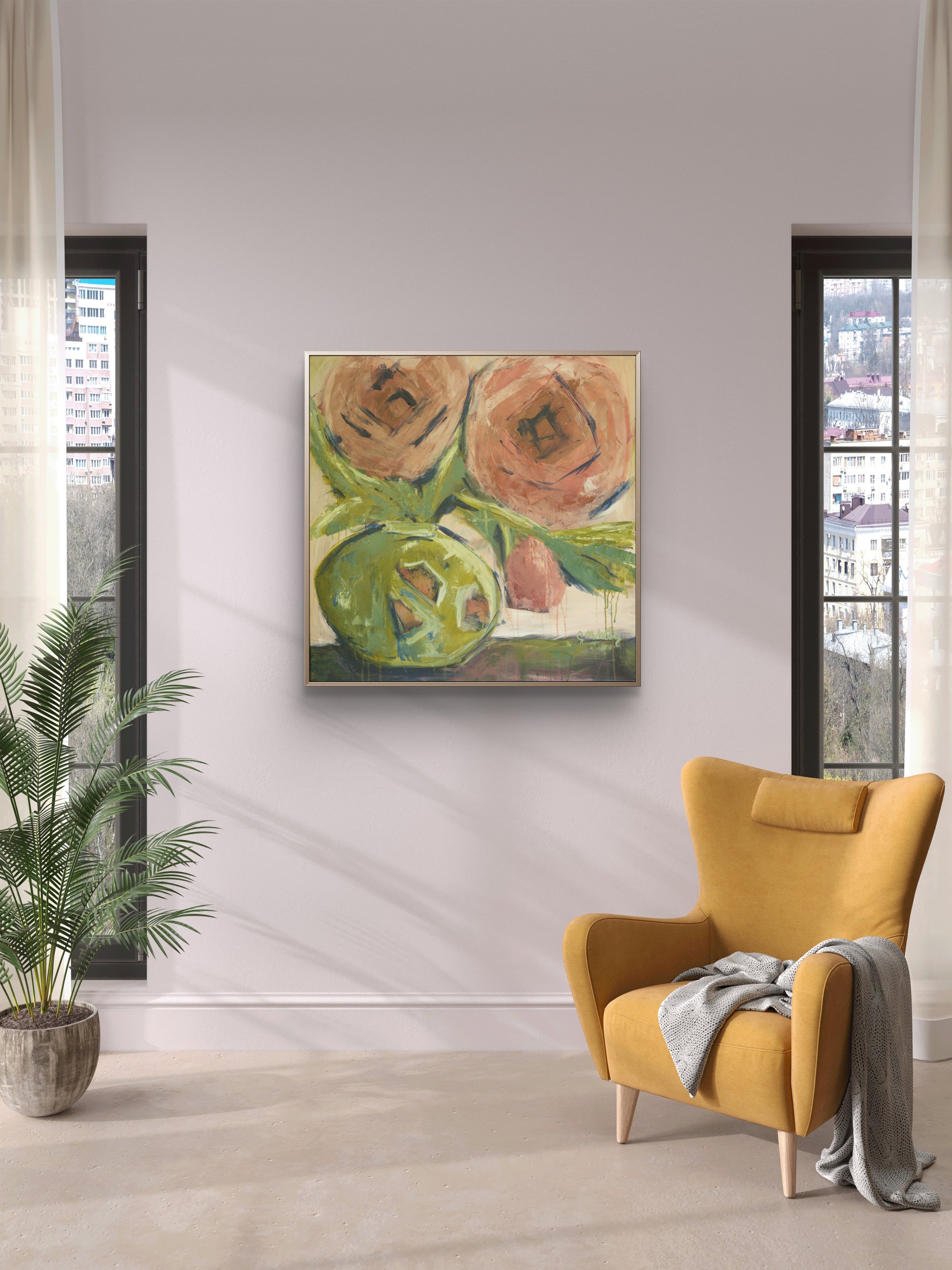 Come As You Are original 30 × 30 acrylic floral painting by Jennifer Mehling featuring oversized pink flowers in an expressive olive-green vessel.