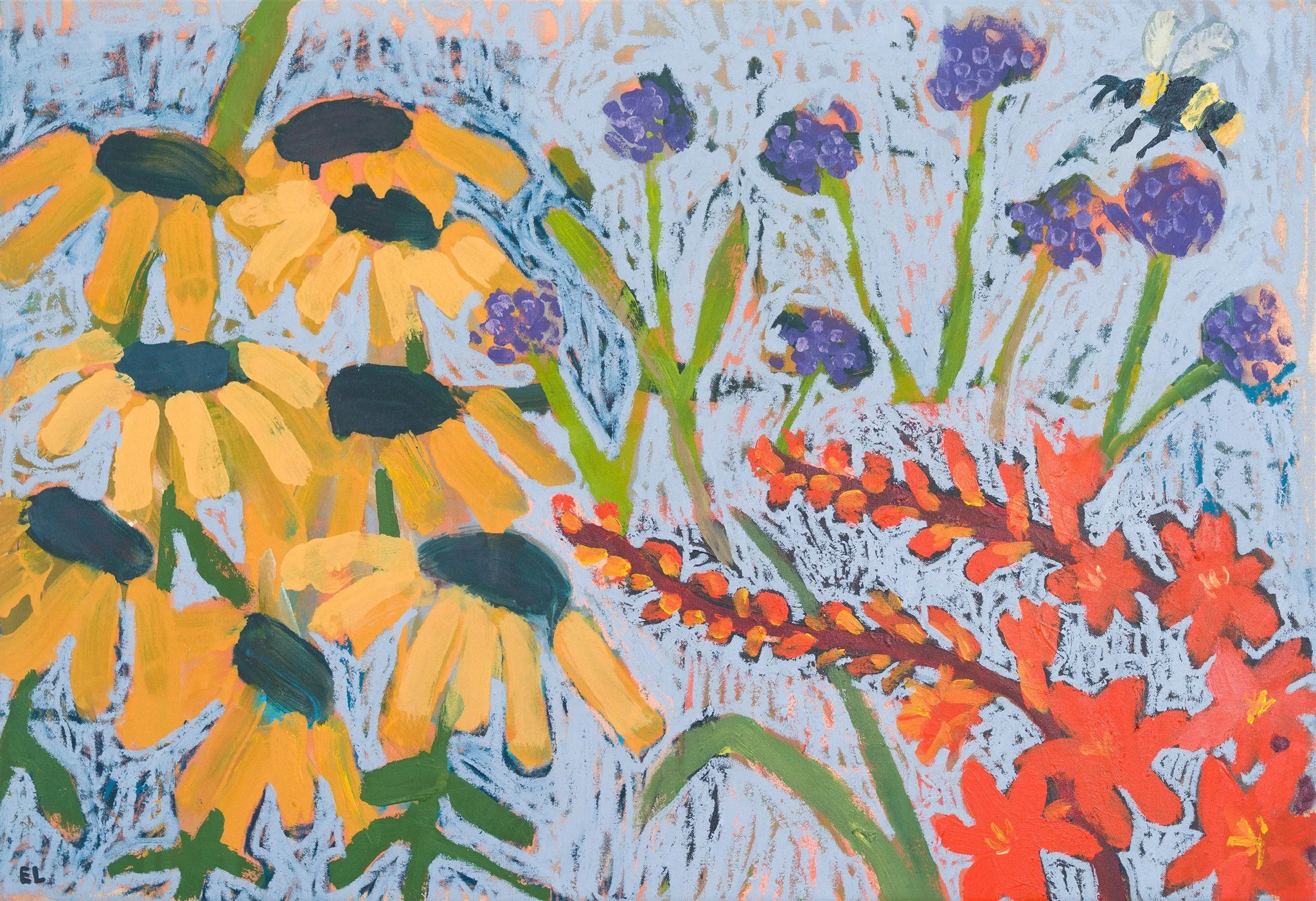 Late Summer Flowers, 2025, 65 x 95cm, acrylic, pastel and oil stick on canvas, unframed, £750
