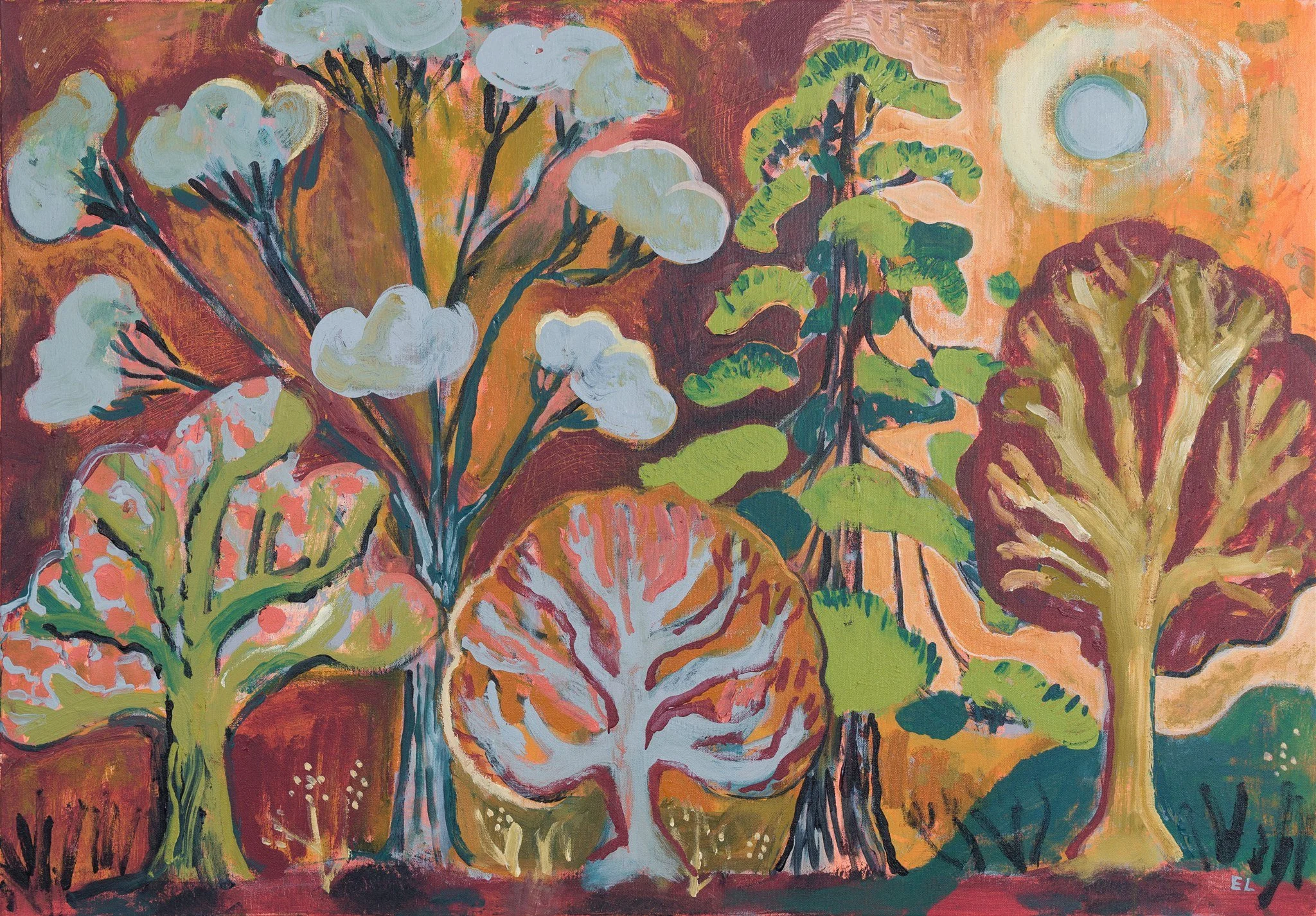 Trees from a Walk I, 2025, 70 x 100cm, acrylic on canvas, unframed, £750