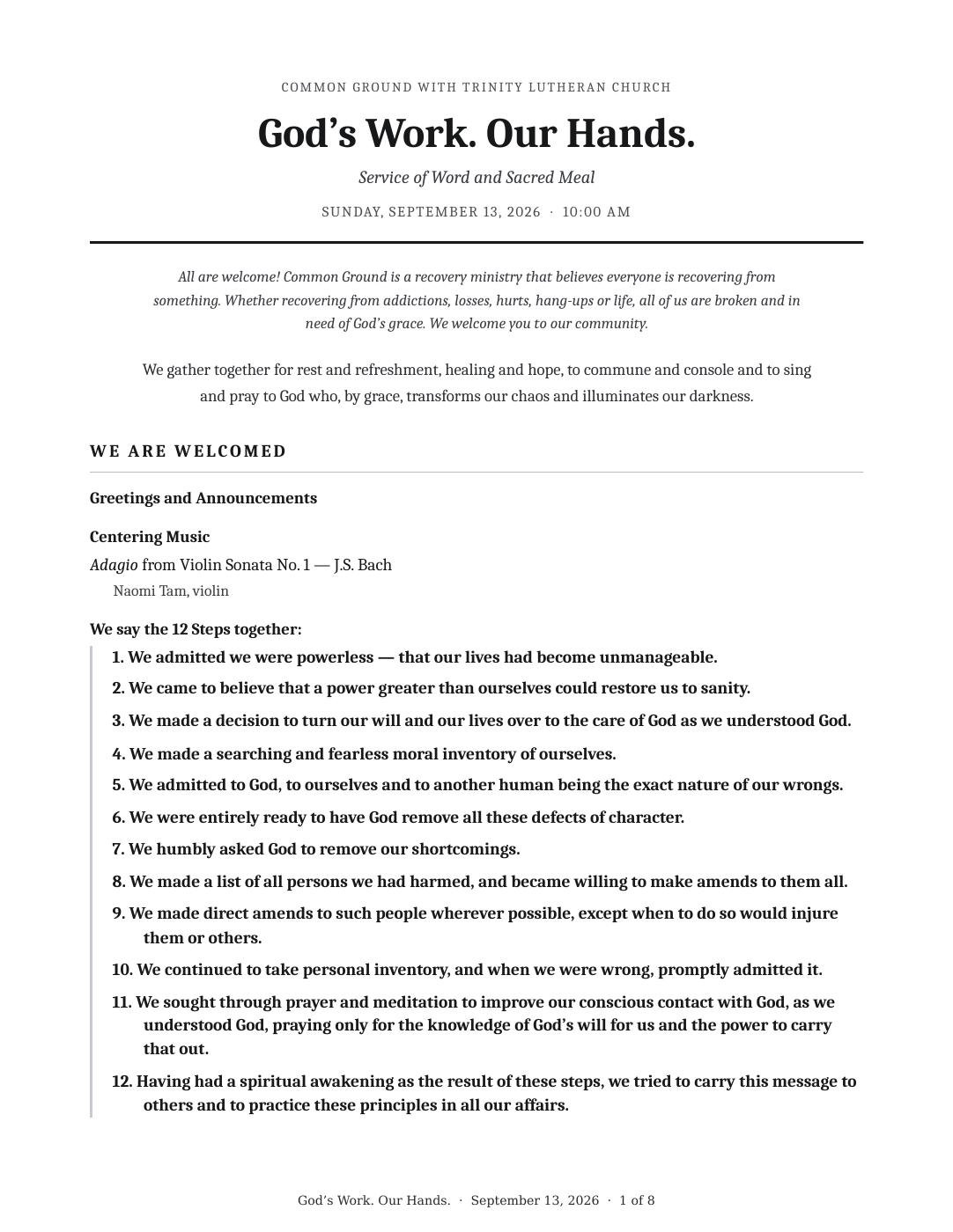 God's Work. Our Hands. Bulletin