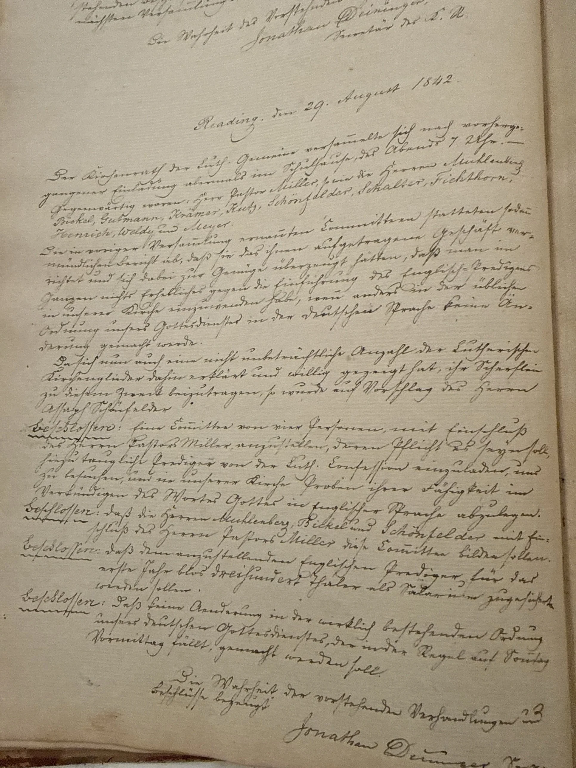 Vestry minutes from August 29, 1842