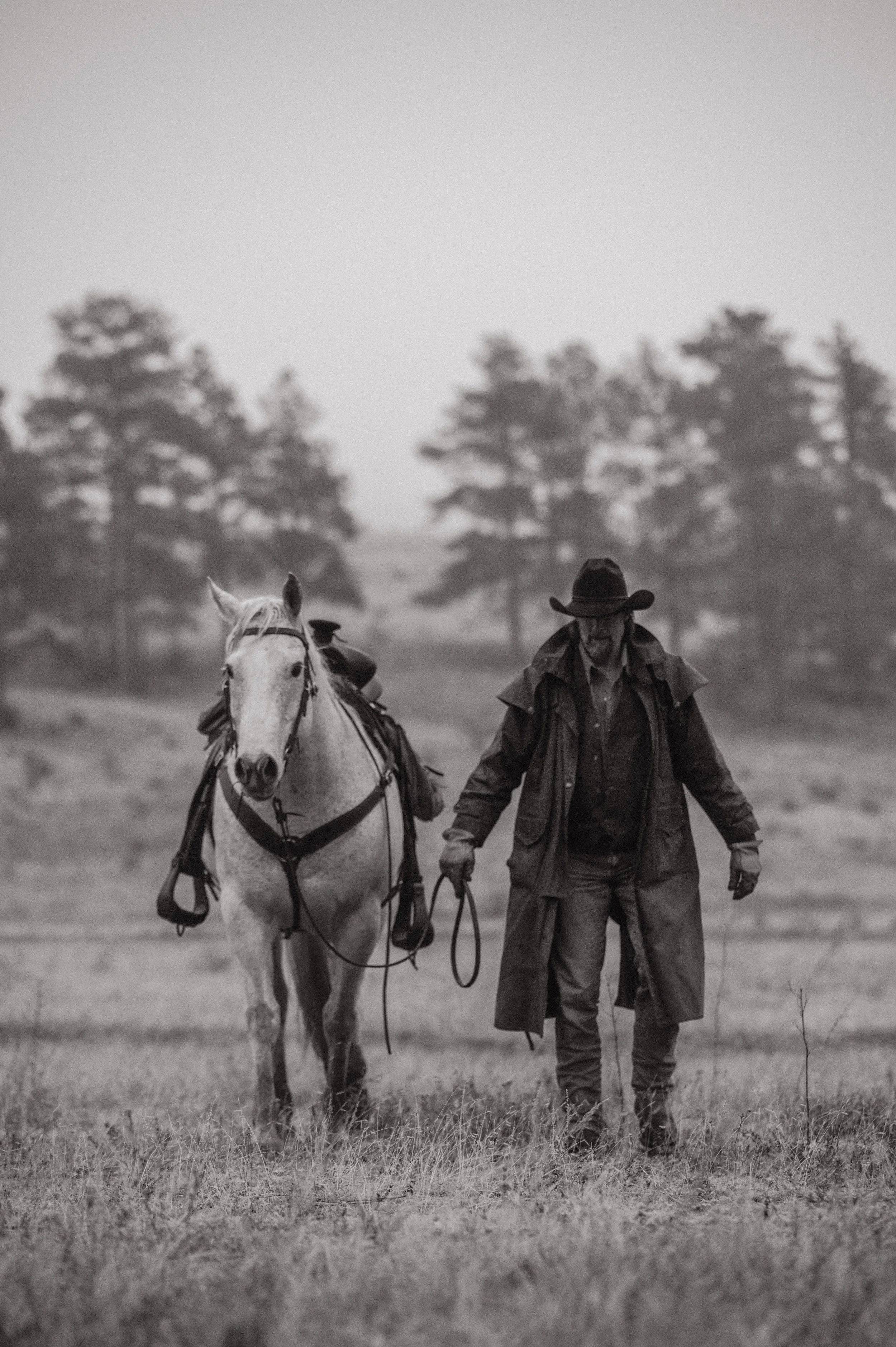 A man walking a white horse through a grassy field on a foggy day, with trees in the background.