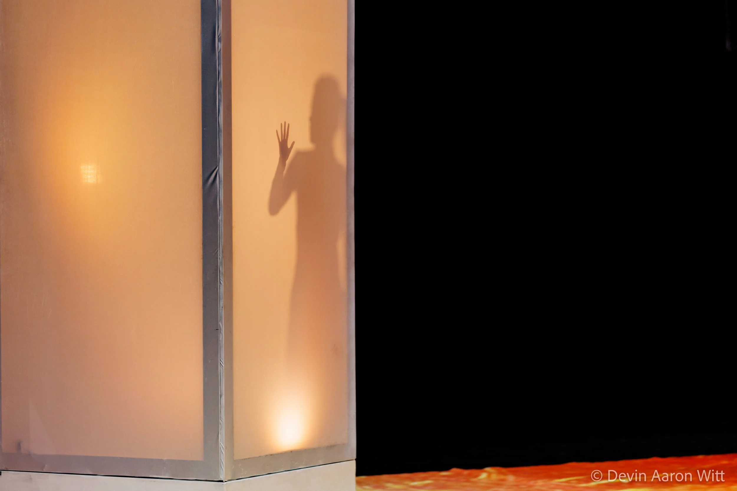 The shadow of a person with curly hair and pink clothing on a frosted glass partition, creating a silhouette with one hand raised, on a beige-lit background.