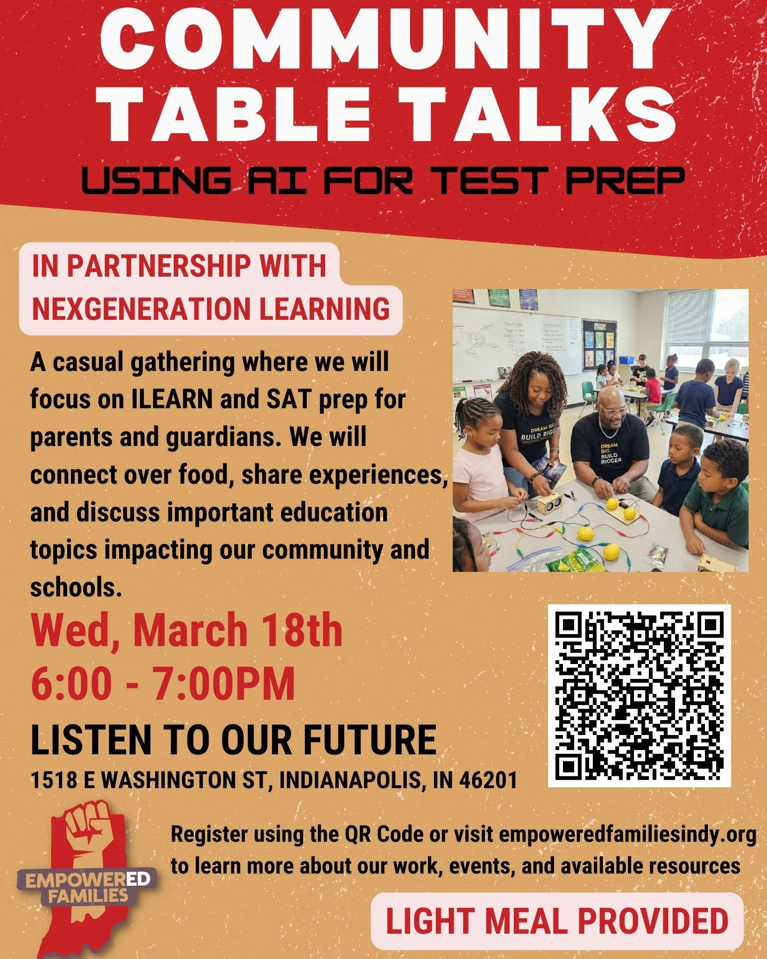 Join us this Wednesday at 6PM as NexGeneration Learning shares the best tips and tricks for using AI for ILEARN and SAT prep! Register using the QR code or visit our website! https://empoweredfamiliesindy.org/events