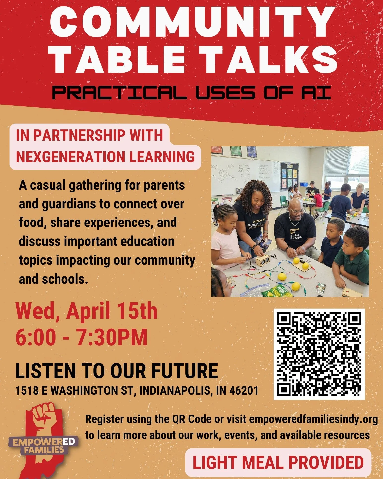 Missed our last meeting about AI? Don't worry we're hosting another Education Learning Hub in partnership with NexGeneration Learning on Wednesday, April 15th at 6 PM! 

Use the QR to register or visit empoweredfamilysindy.org/events.
