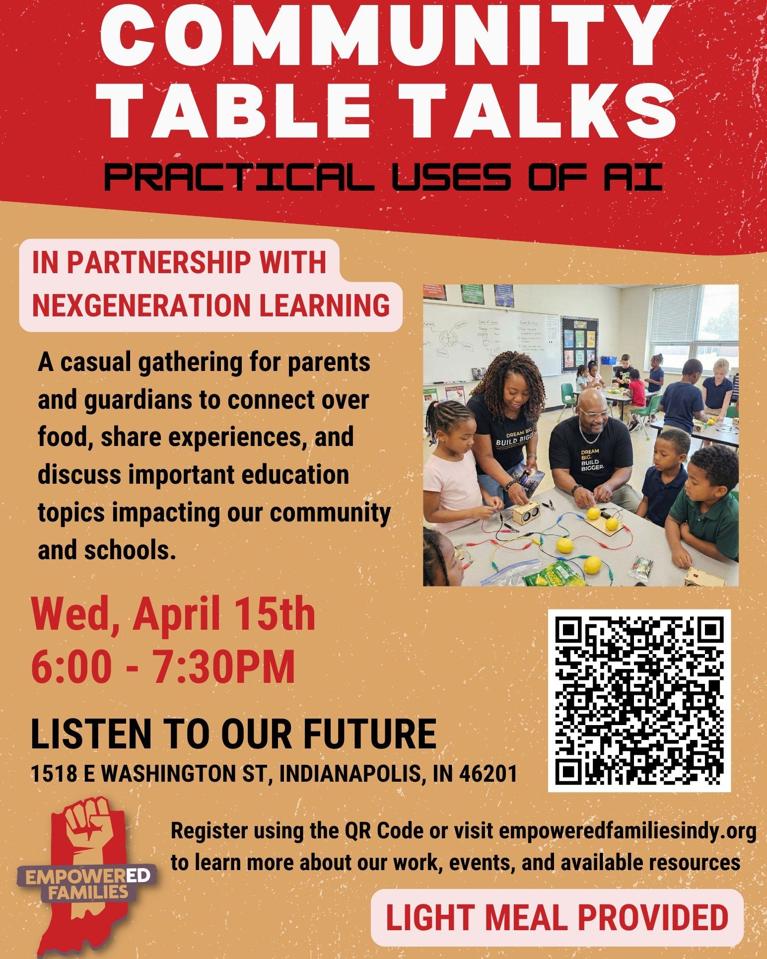 Mark your calendars! We're hosting another Education Learning Hub in partnership with NexGeneration Learning on Wednesday, April 15th at 6 PM! We'll be going over different practical ways to use AI. 

Use the QR to register or visit empoweredfamilysi