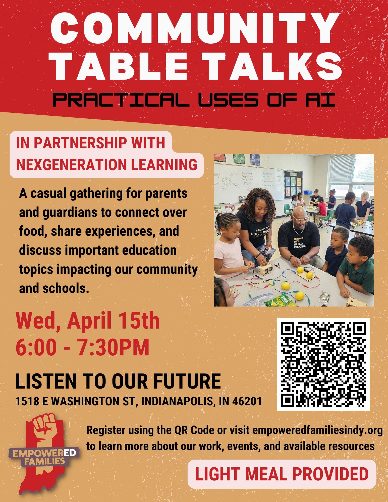NEXT WEEK: Join us to learn about practical ways to use AI with NexGeneration Learning! 

Details: Wed., April 15, 6&ndash;7:30 pm at Listen to Our Future (1518 E Washington St, Indianapolis, IN 46201)
Good to know: Food is provided!
Register for thi