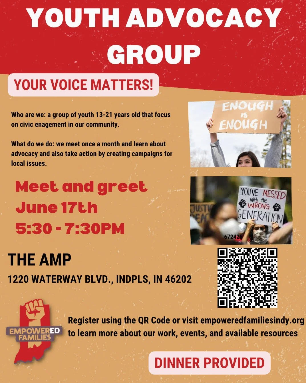 Our next Youth Advocacy Group Meet and Greet is happening on June 17 from 5:30&ndash;7:30 PM at THE AMP (120 Waterway Blvd, Indianapolis 46202). We look forward to continuing to build community with young people across Indianapolis. 

Scan the QR cod