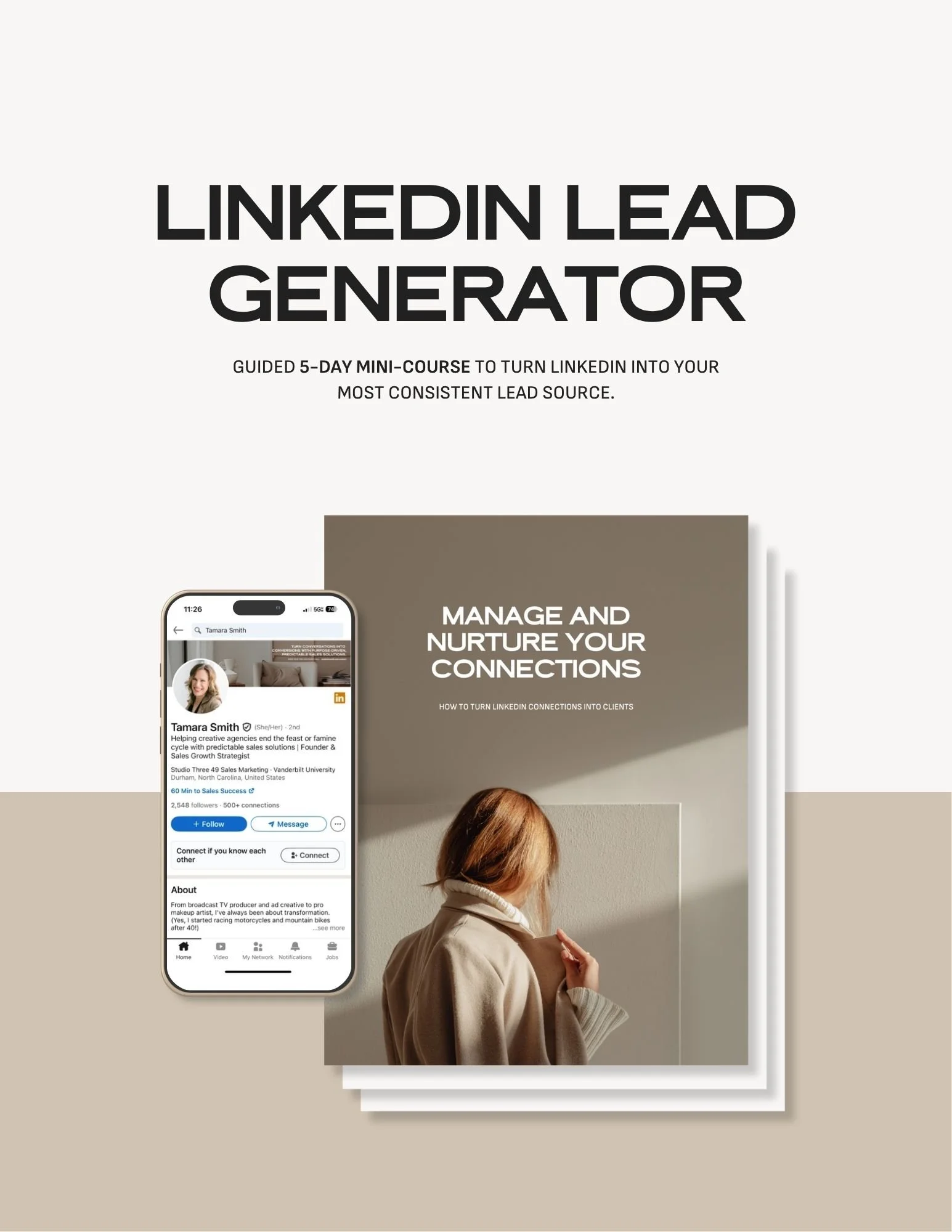 Cover of a guide titled 'LinkedIn Lead Generator' featuring a woman looking at a sign and a smartphone displaying a LinkedIn profile.