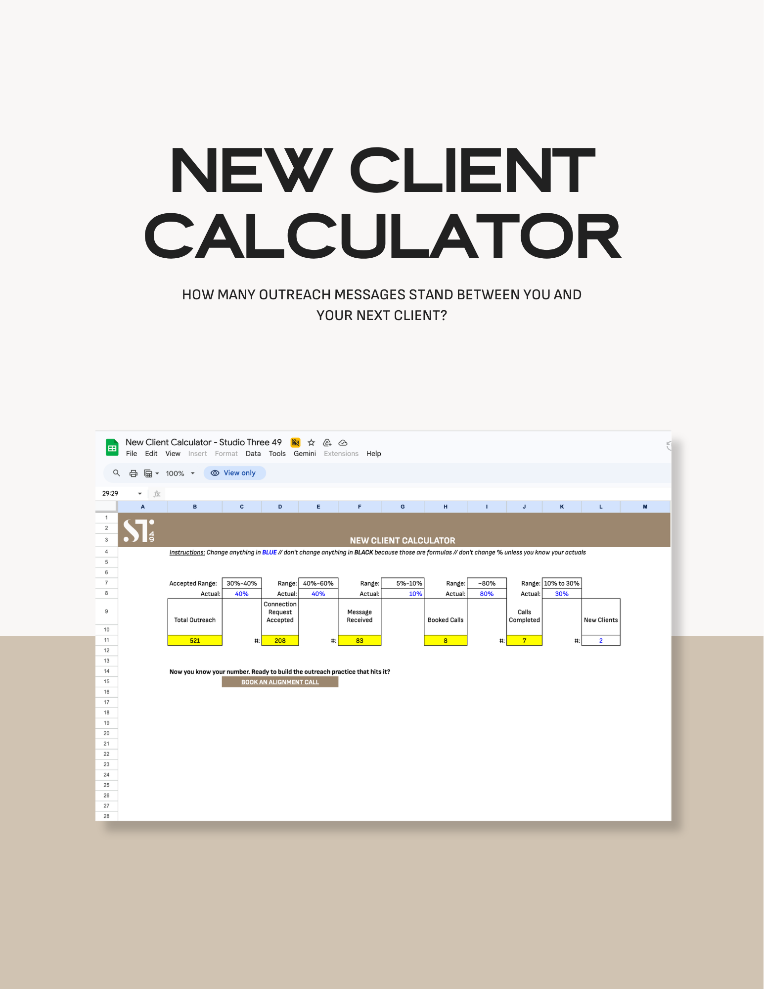 Presentation slide titled 'New Client Calculator' with subtitle 'How many outreach messages stand between you and your next client?', and a spreadsheet showing outreach metrics with highlighted numbers.