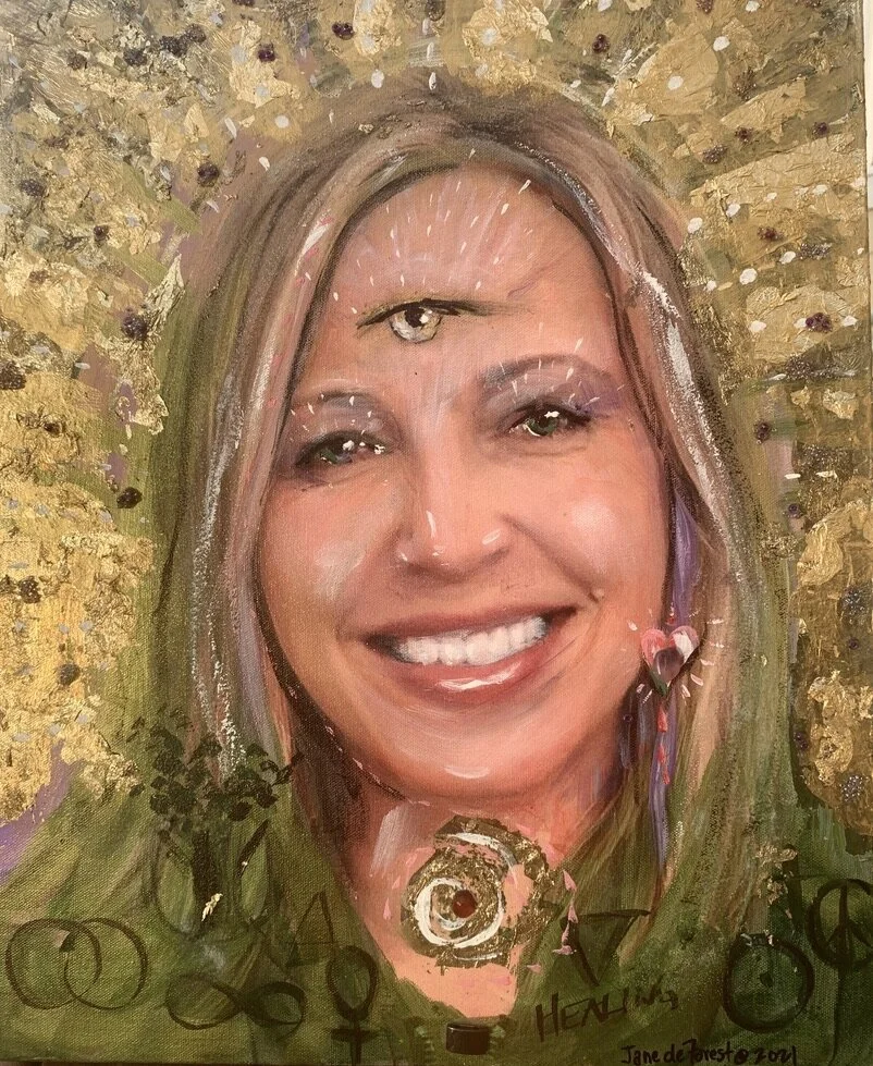 Healing portrait of a client featuring charged stones, crystals, and symbols
