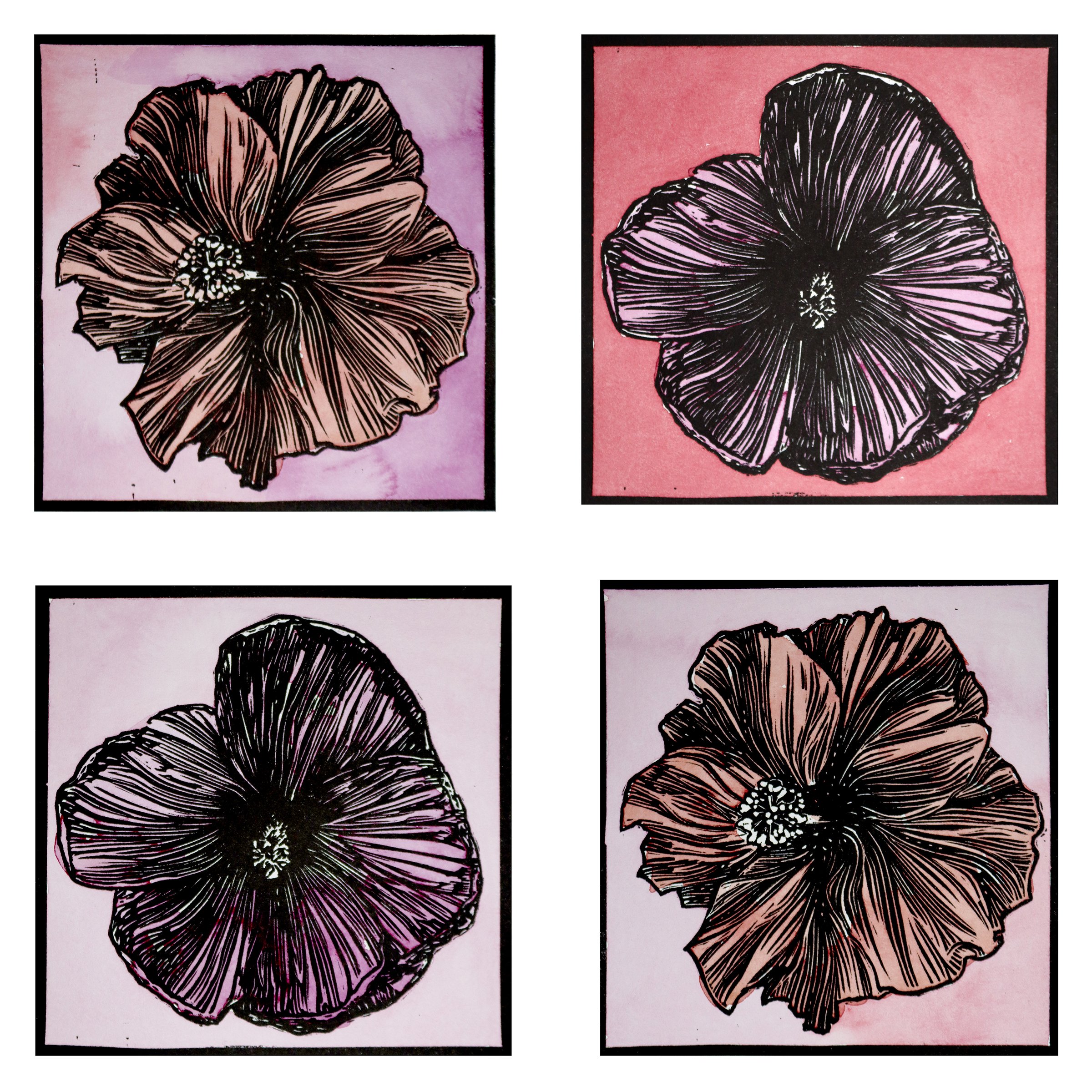 Hibiscus Watercolor Variants (6"x6" each), 2024