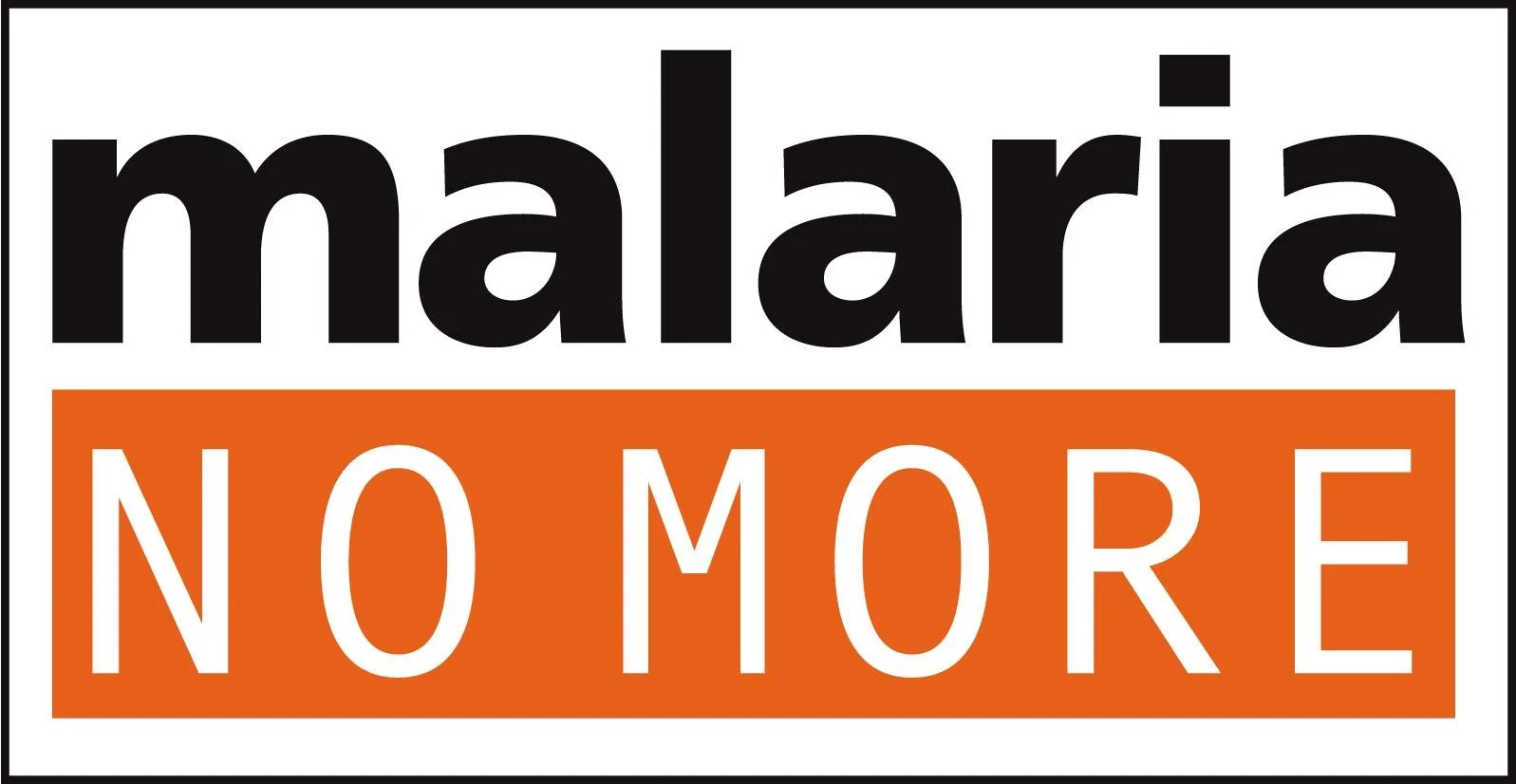 Logo with the text "malaria NO MORE" with "malaria" in bold black and "NO MORE" in white letters on an orange background.