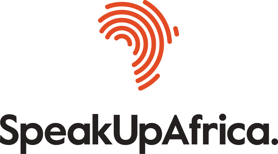 Logo of Speak Up Africa with a stylized outline of the African continent in red, created from fingerprint lines, above the words "Speak Up Africa" in black text.