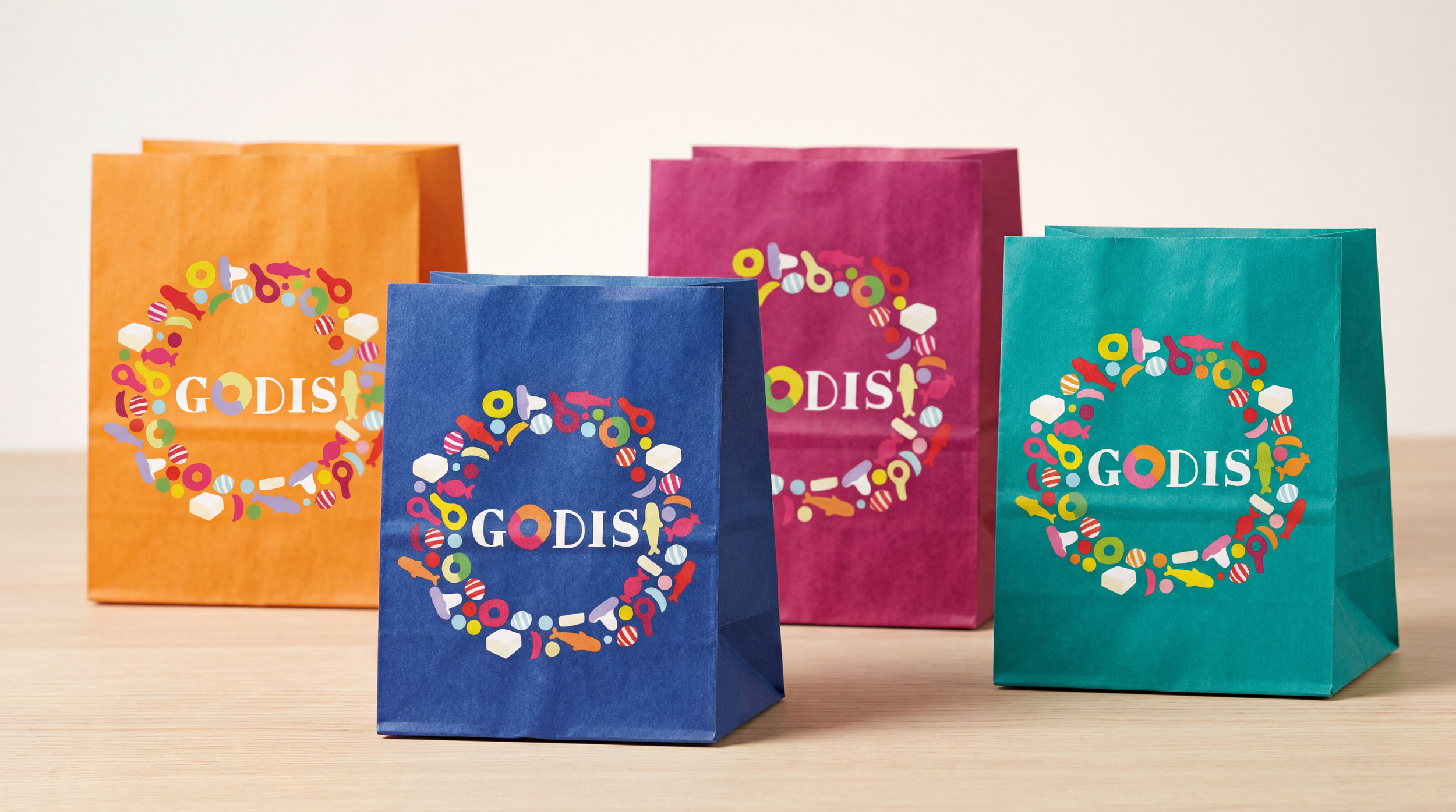 FIKTIVT PROJEKT MELLAN UPPDRAG: Olikfärgade godispåsar för att minska risken för små händer som tar ur fel påse. Produktidé, illustration, design, utförande, AI-generering.