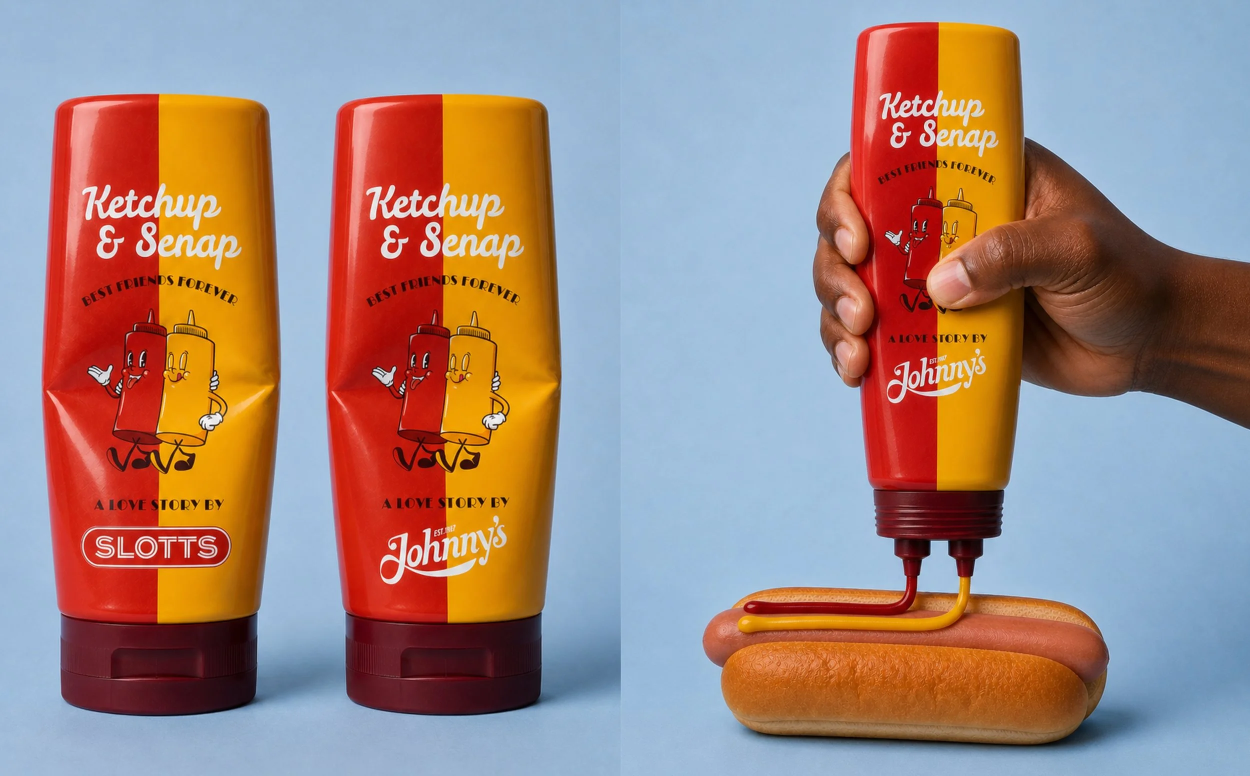 FIKTIVT PROJEKT MELLAN UPPDRAG:
Ketchup & Senap - A love story. Produktidé, design, utförande, AI-generering.