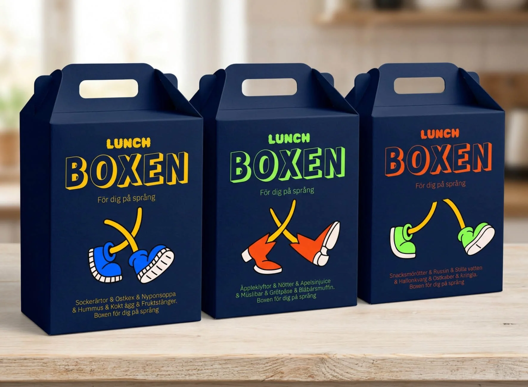FIKTIVT PROJEKT MELLAN UPPDRAG: Lunchboxen, för dig på språng. Färdiga lunchboxar med plock i. Köper man alla tre boxarna har man en regelrätt buffé att plocka från. Idé, Design, Utförande, AI-generering.
