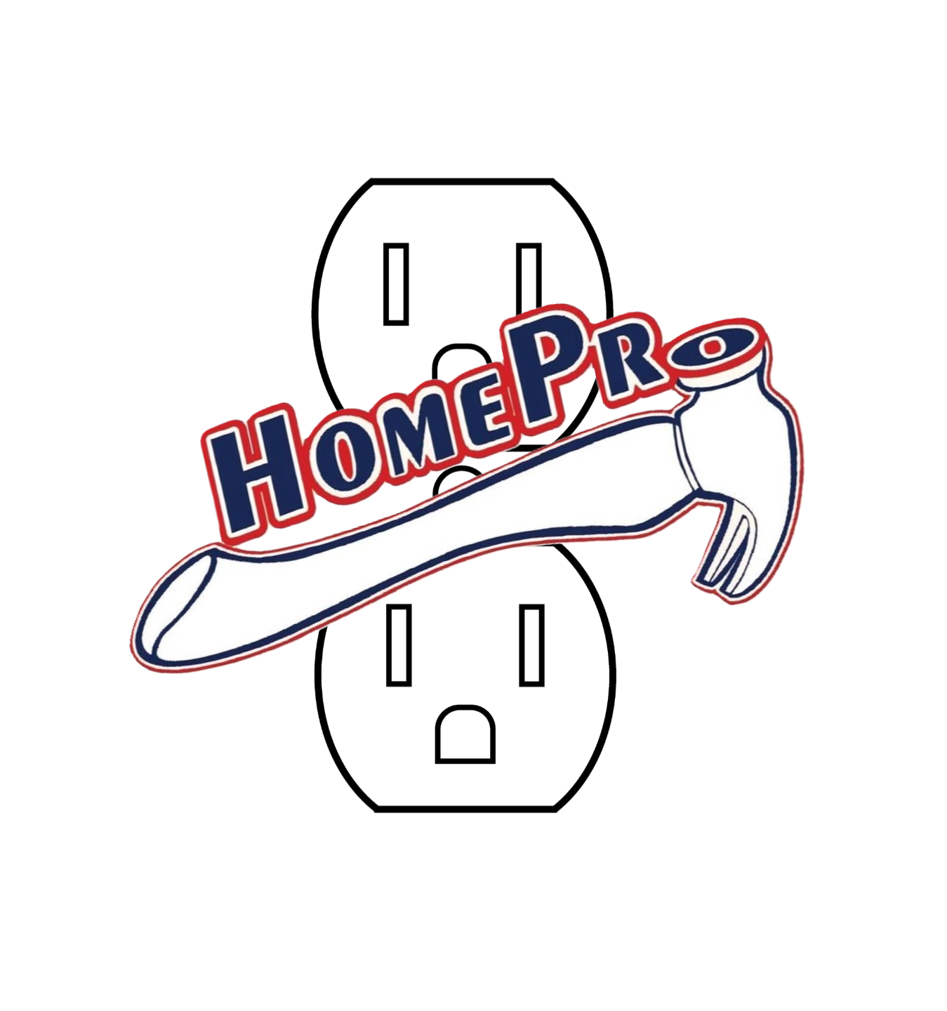 Outline drawing of an electrical outlet with a wrench and the text 'HomePro' in bold, stylized font over the outlet.