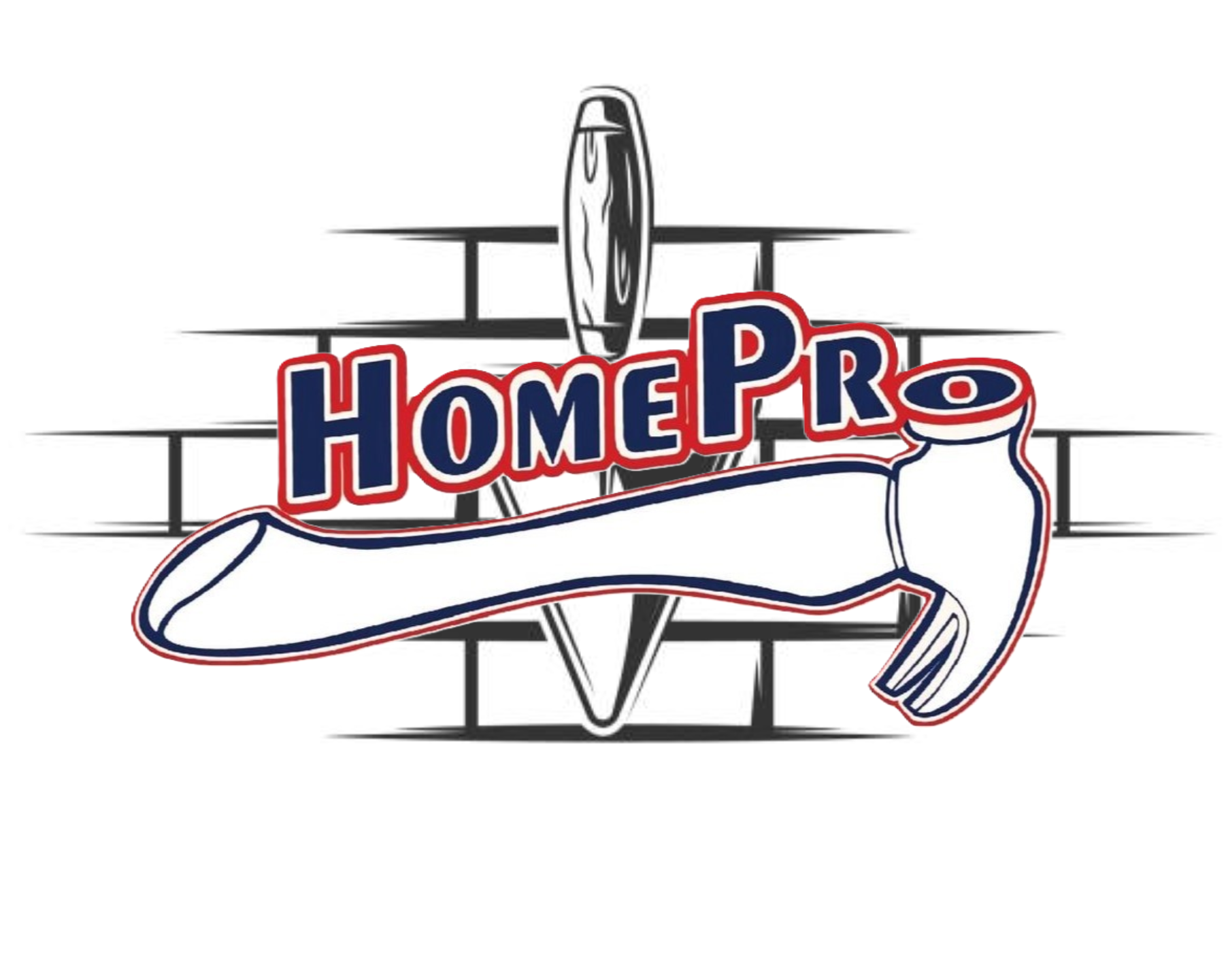 A logo featuring a paint roller in front of a brick wall, with the words "Home Pro" in bold blue and red letters.