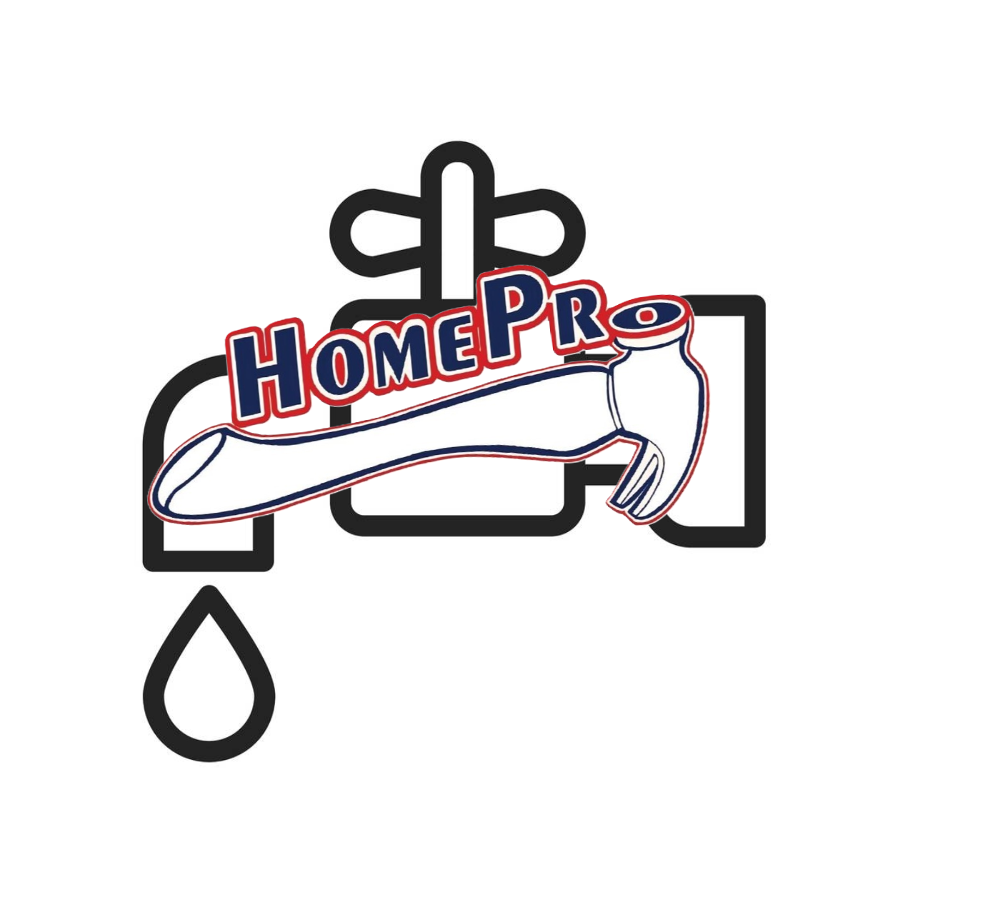 A logo featuring a water faucet with a droplet beneath it, overlaid with a graphic cap-shaped wrench, and the words 'HomePro' with each letter in blue and outlined in red.