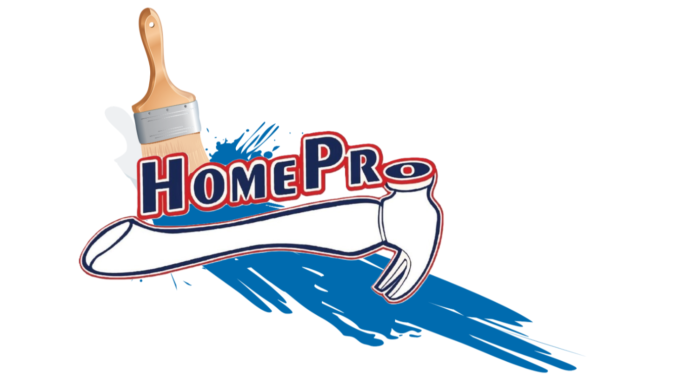 A logo with the words "HomePro" featuring a paintbrush, a roller, and paint splashes in blue, red, white, and tan colors.