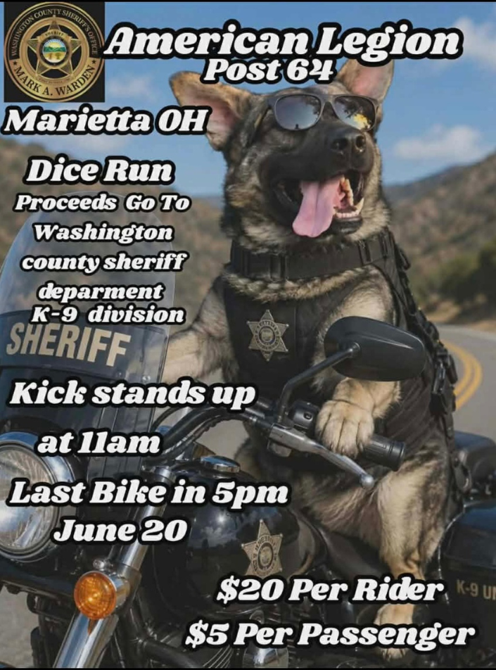 Flier for Dice run event. Shows leather clad dog on a motorcycle with deputy markings.