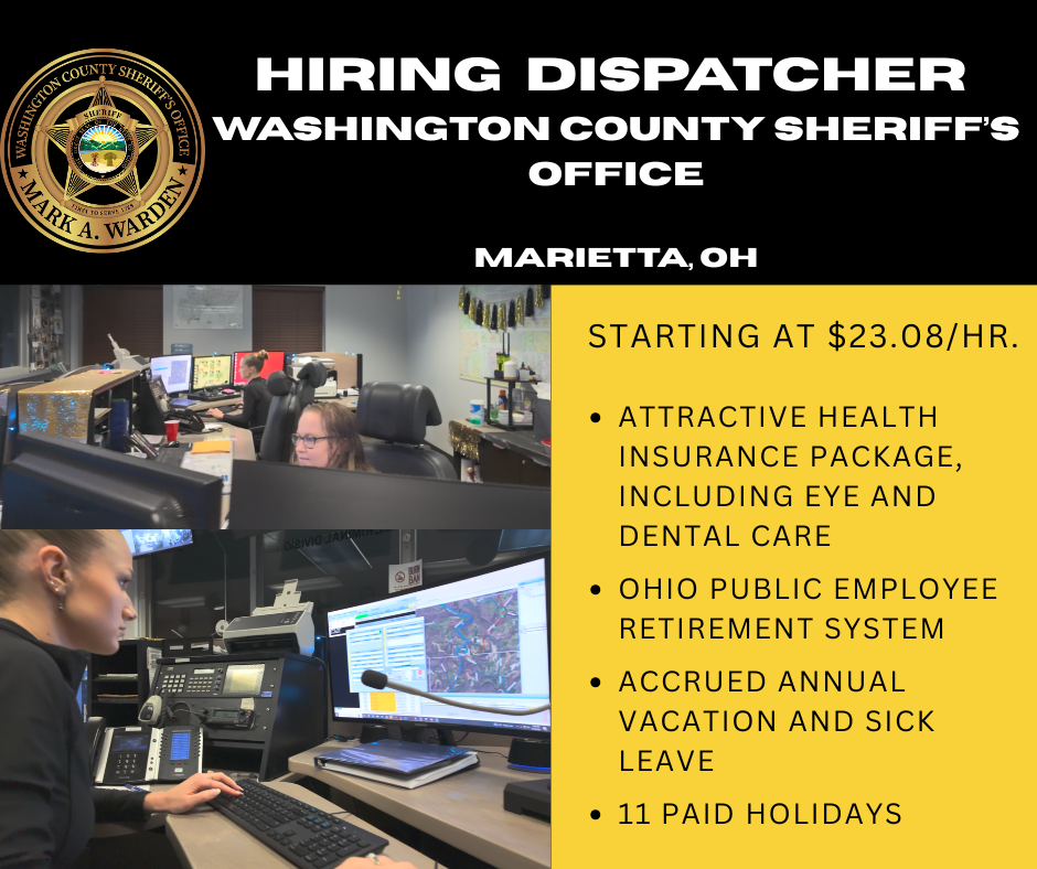 Washington County Sheriff's Office hiring dispatcher in Marietta, Ohio, with office staff working at desks, and a yellow section listing job details including pay starting at $23.08/hr, health insurance, Ohio public employee retirement, vacation and sick leave, and holidays.