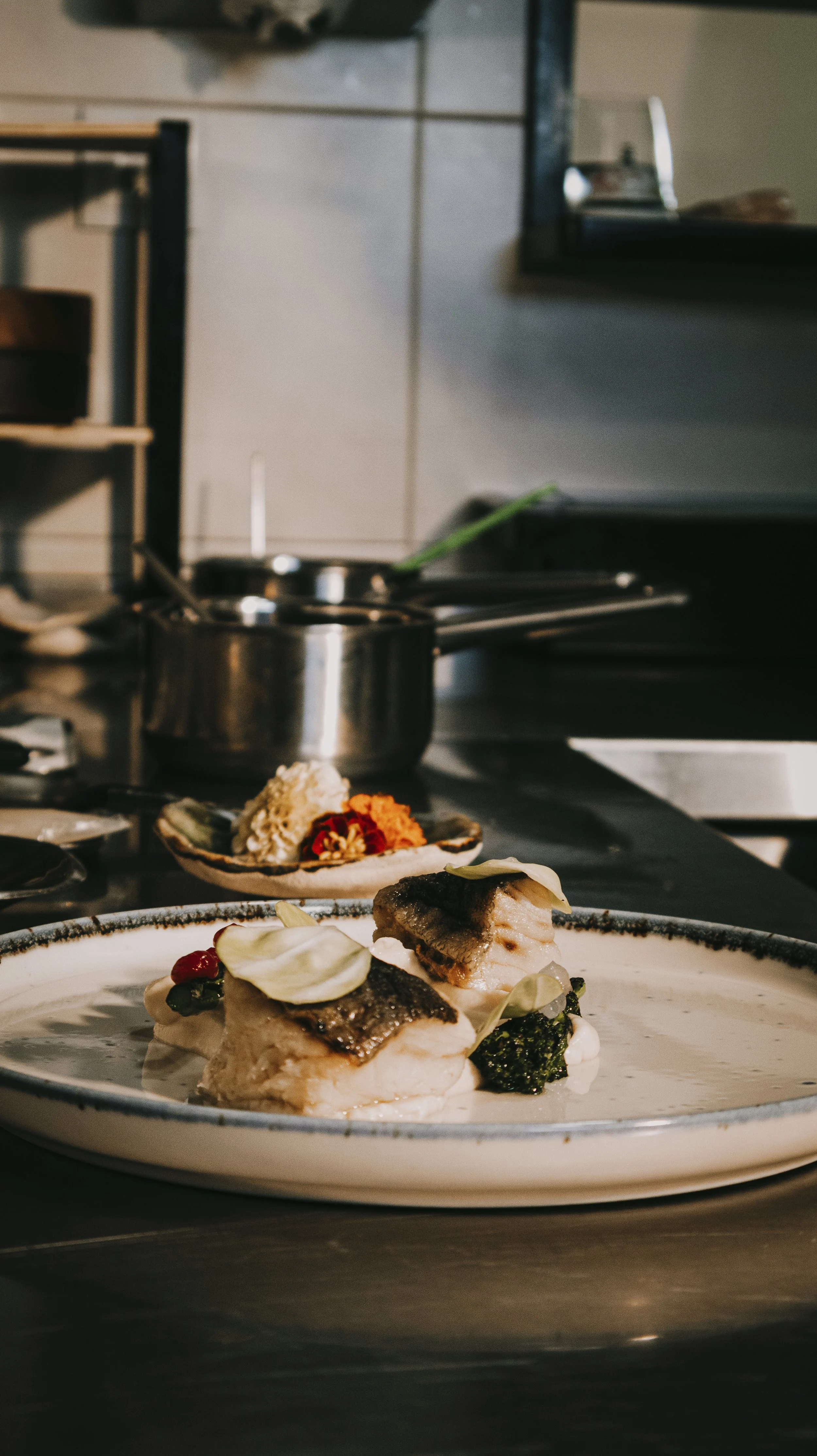 Prato de peixe grelhado com vegetais e molho, em ambiente de cozinha profissional.