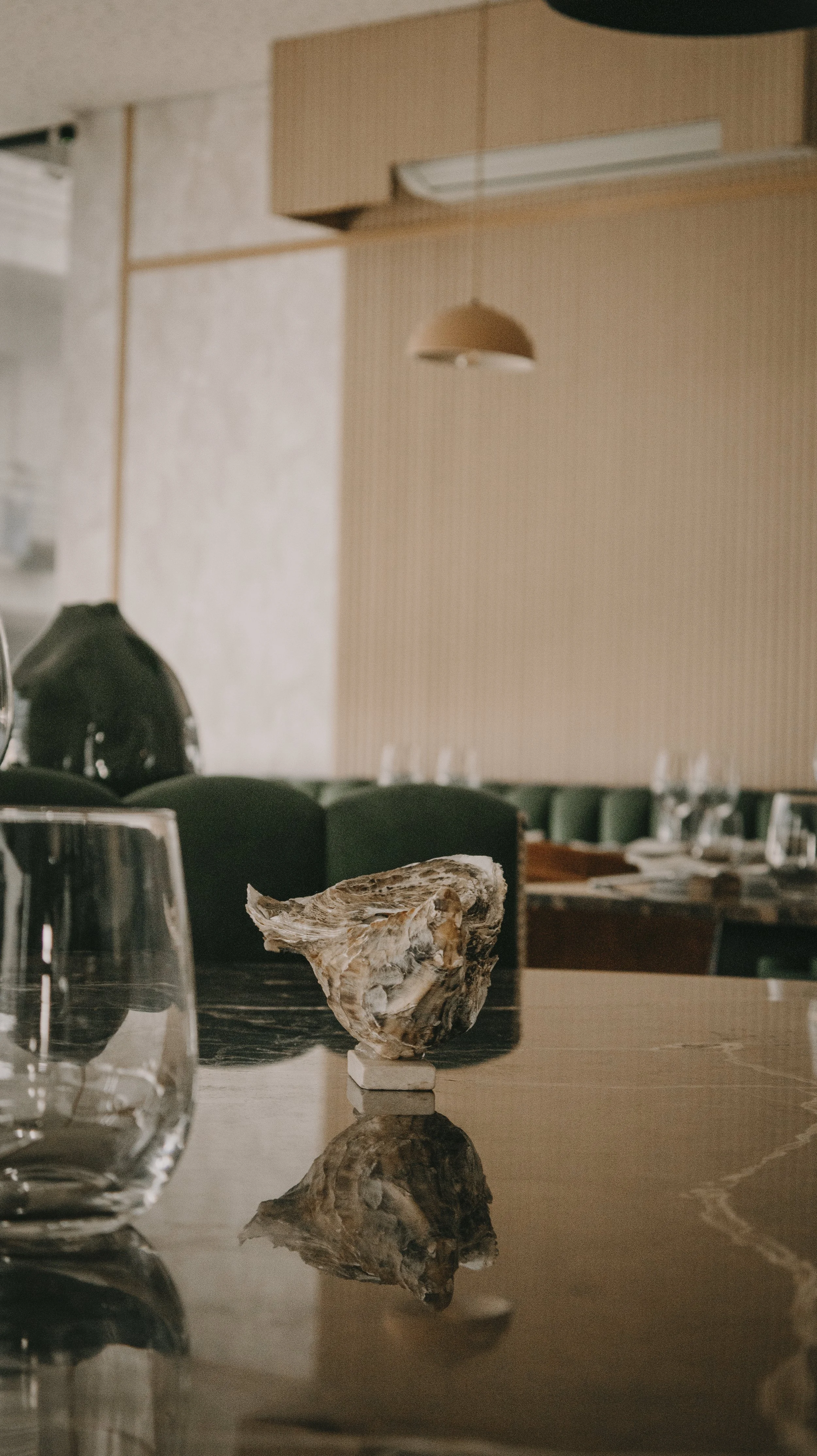 Prato com um pedaço de peixe sobre uma mesa de restaurante, com talheres e copos ao fundo.