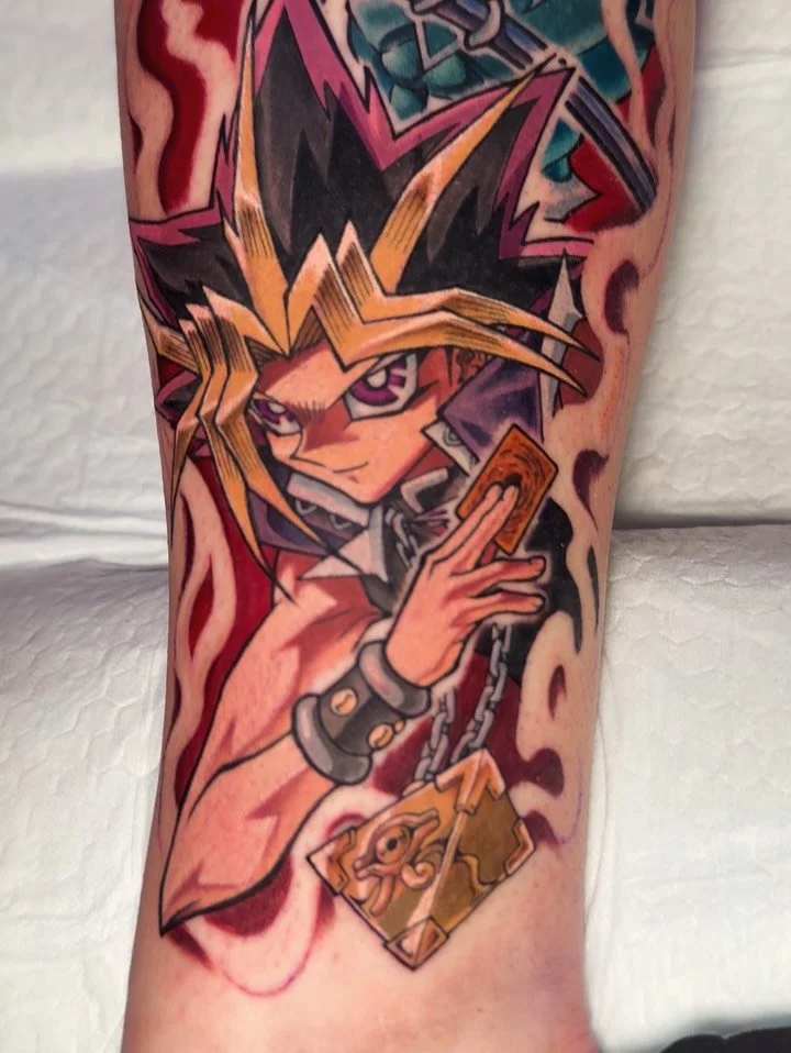 Great start to this Yu-Gi-Oh leg sleeve (pant?) 🔮

Can&rsquo;t wait to build out the top and keep this one going.

Drop a 🧙🏻&zwj;♂️ in the comments if you know what&rsquo;s up with the Dark Magician 👀

.
✨ Comment &ldquo;Tattoo Me&rdquo; and I&rs