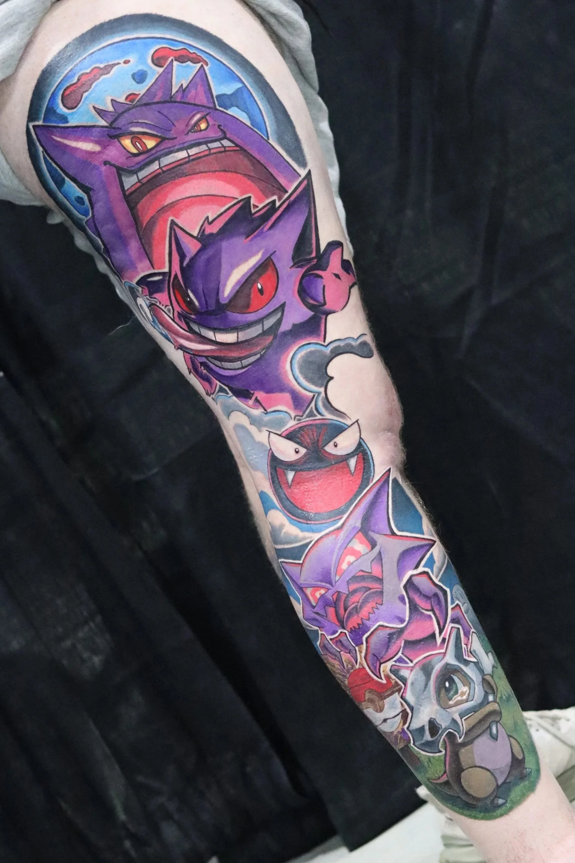 Pokemon tattoo leg sleeve gengar dynamax gastly haunter cubone diglet lavender town