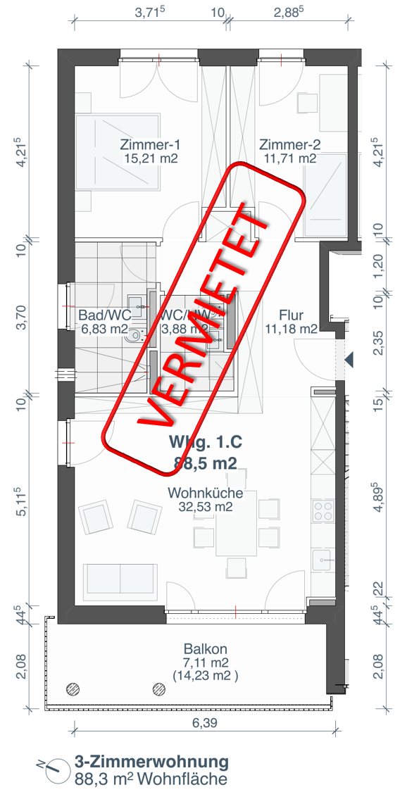 1.OG - 3-Zimmer - 88,3m² - 1.516,38 €