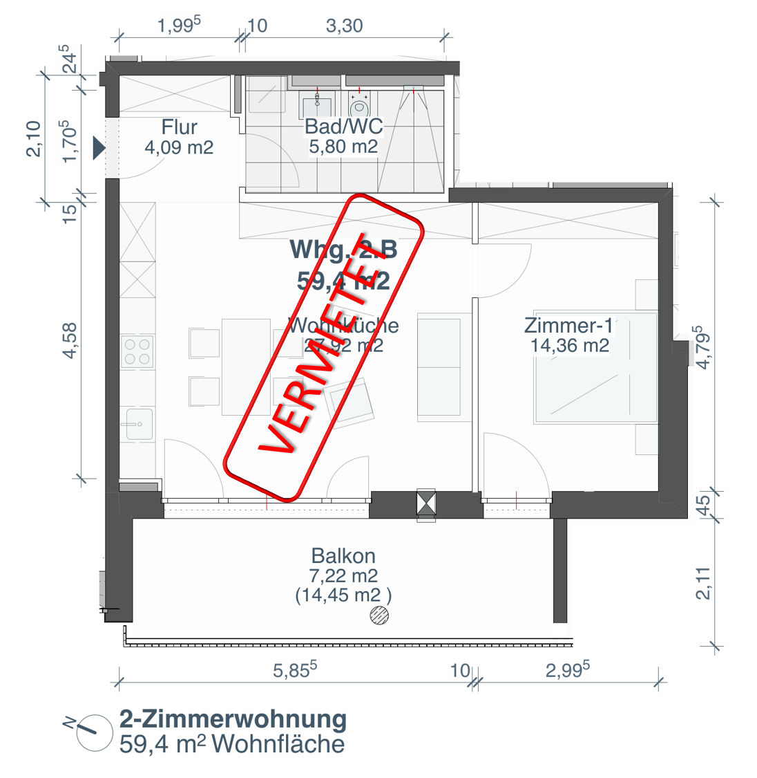 1.OG - 2-Zimmer - 59,4m² - 1.086,15 €
