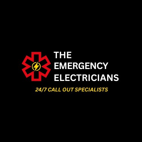 Black background with red emergency medical symbol, white text reading 'The Emergency Electricians', and yellow text '24/7 Call Out Specialists'.