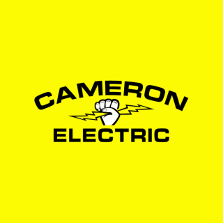 Design featuring the text 'CAMERON ELECTRIC' with a clenched fist holding a lightning bolt on a yellow background.