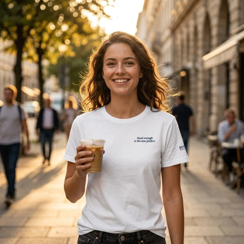 Smiling woman holding an iced coffee on a sunny street, wearing a white Blunt Spoon Society t-shirt