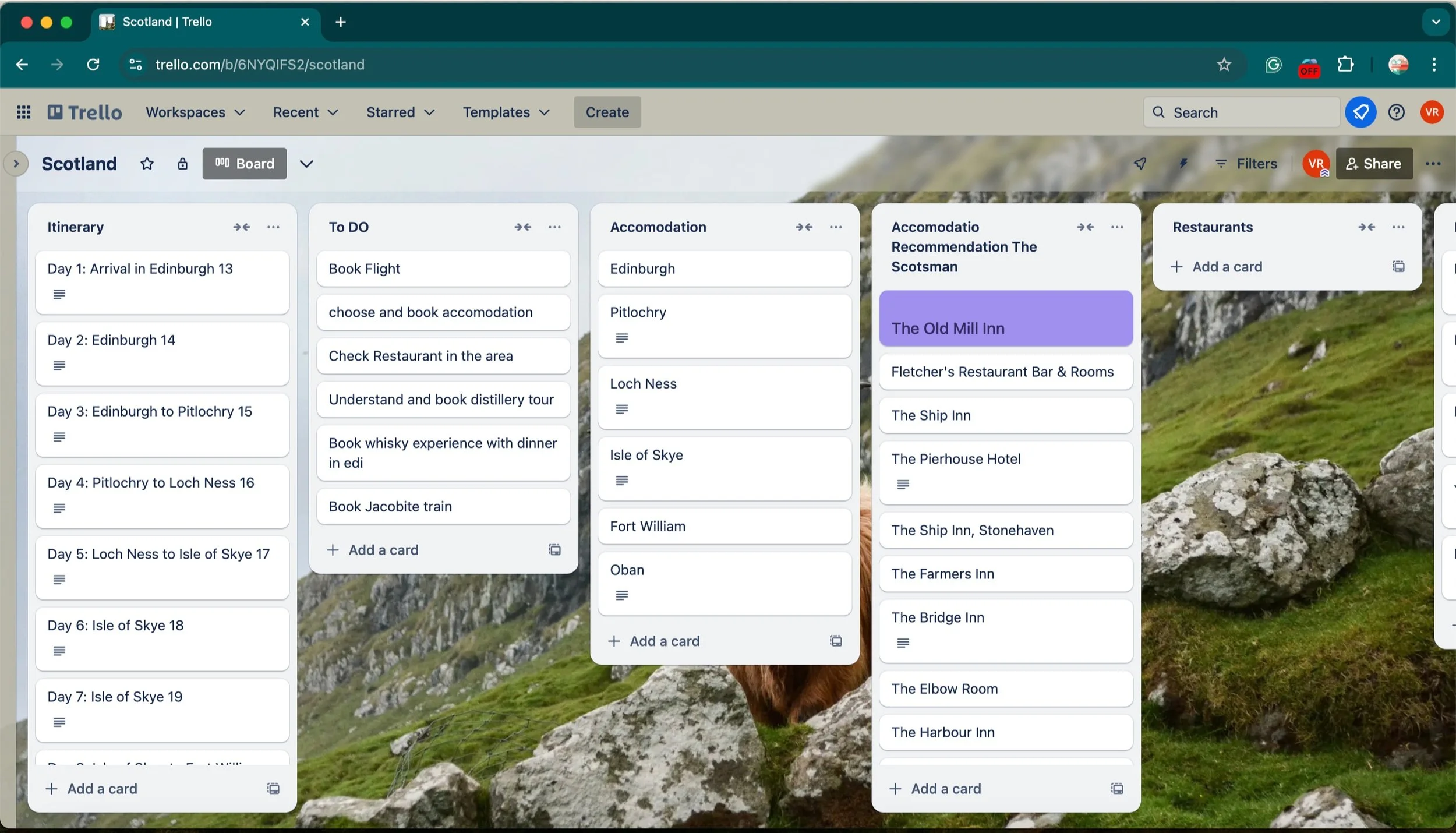A Trello board screenshot showing the detailed project management phases used by Virginia Ragni to organize a complex 12-day road trip.