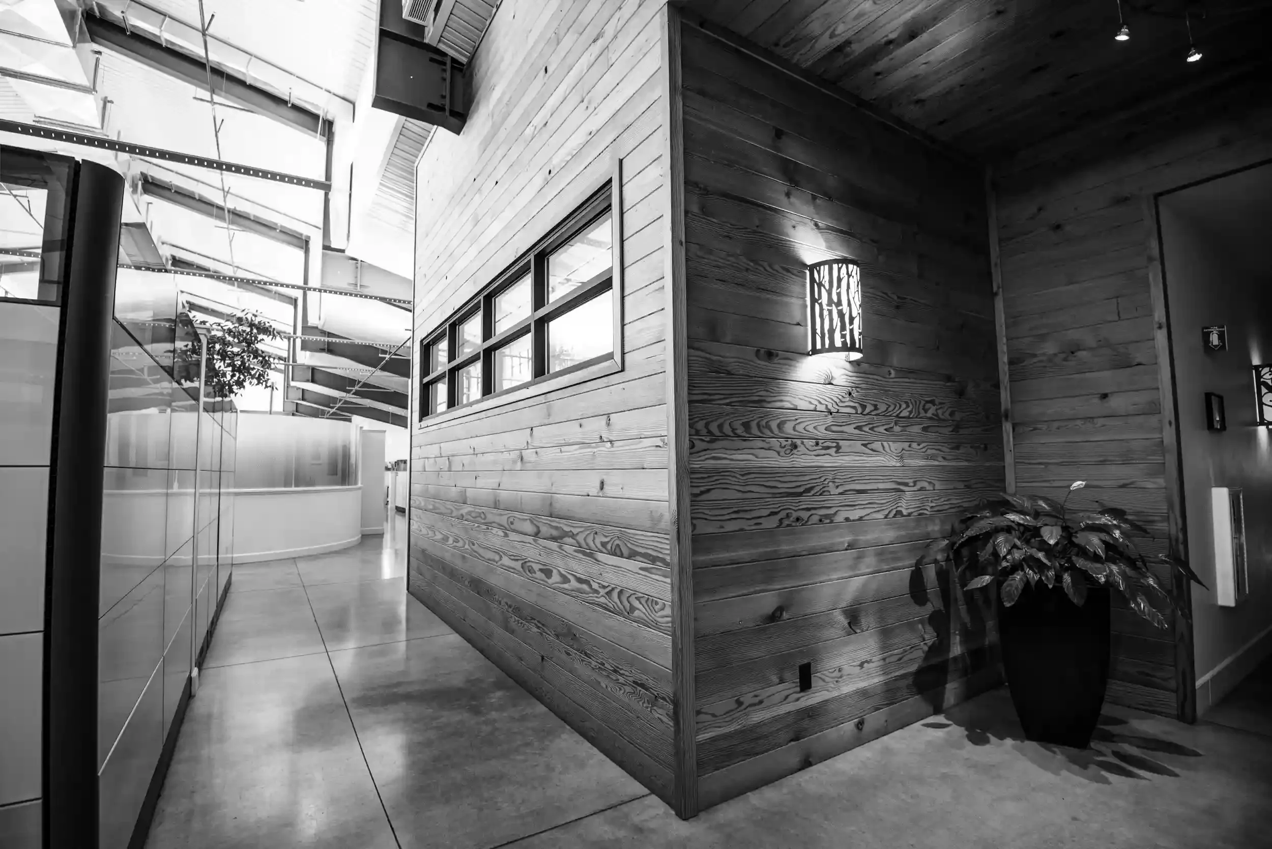 Interior of a modern building with wooden wall panels, a potted plant, a wall-mounted light fixture, and a large glass window on a curved wall, in black and white.