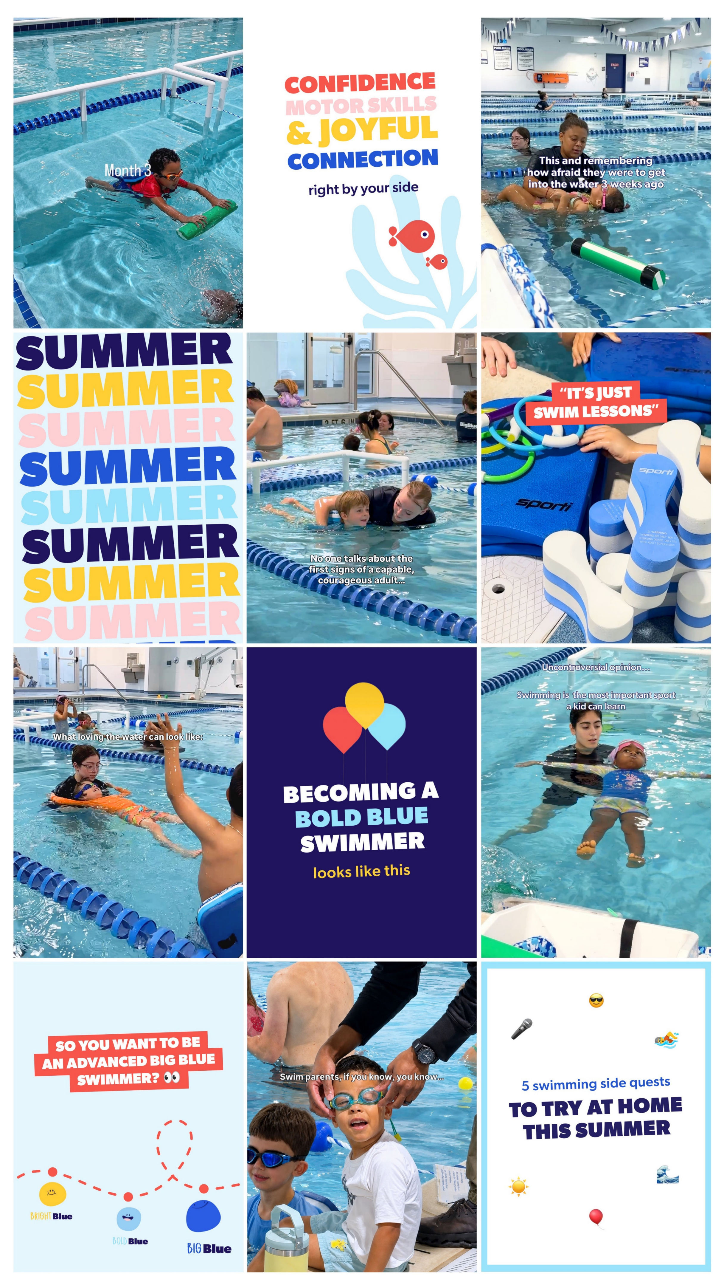 A collage of children and adults in swimming pools, instruction sessions, and educational materials about summer swimming lessons and becoming a confident swimmer.