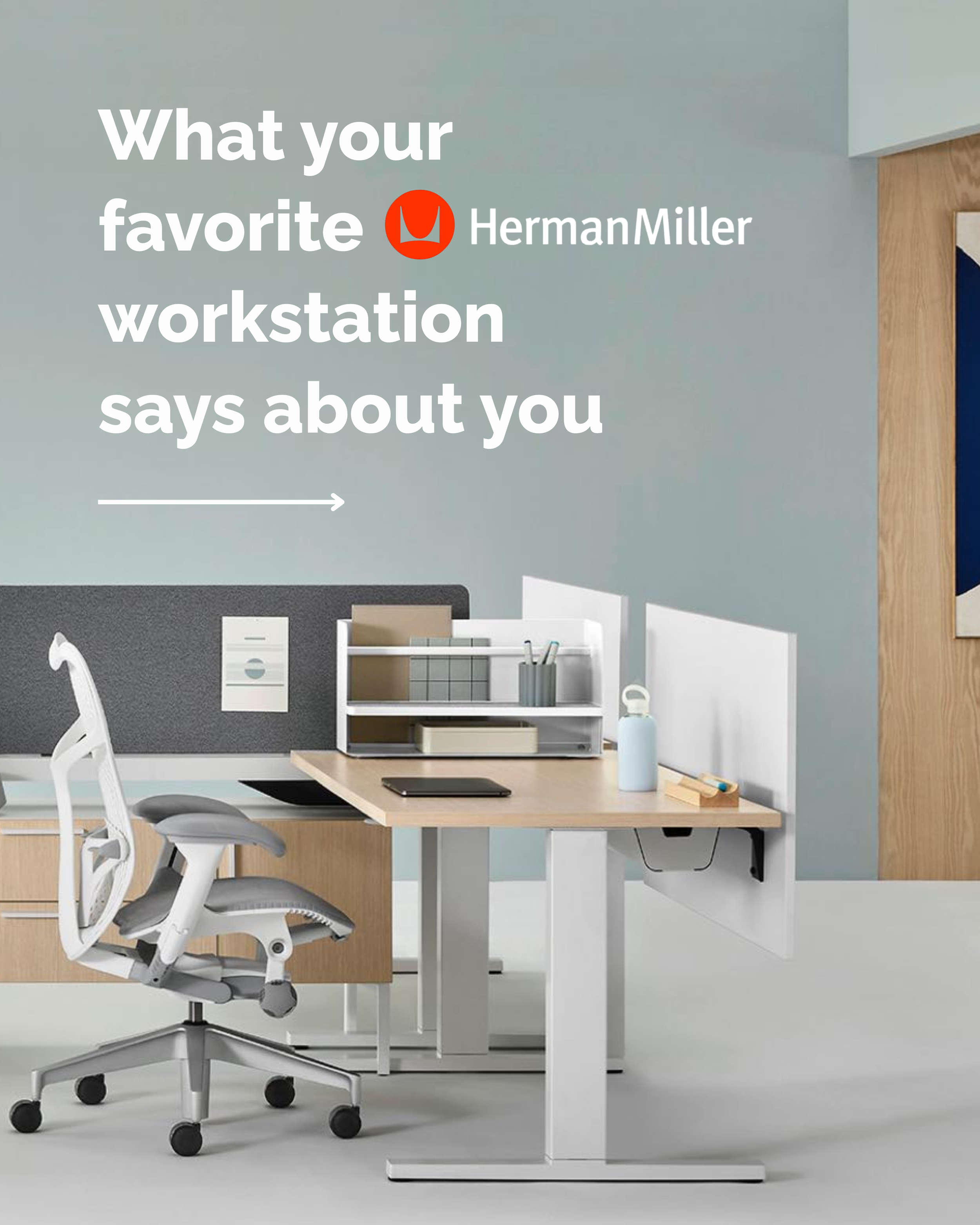 Modern ergonomic office workspace with a white adjustable standing desk, an ergonomic office chair, a black laptop, a white shelving unit with office supplies, a light blue wall, and a wooden door frame.