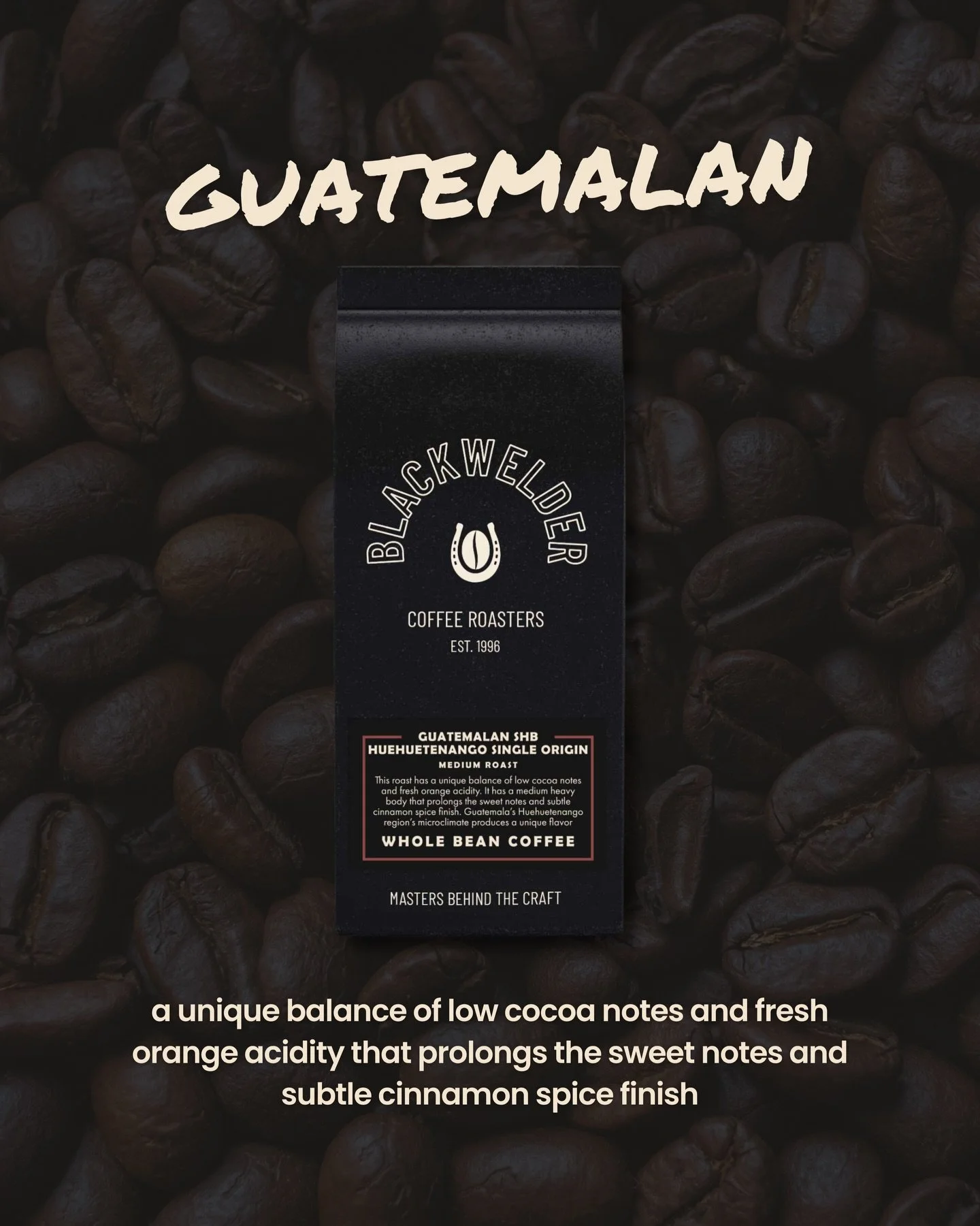 A package of Blackwellder Guatemalan SHB whole bean coffee surrounded by roasted coffee beans.