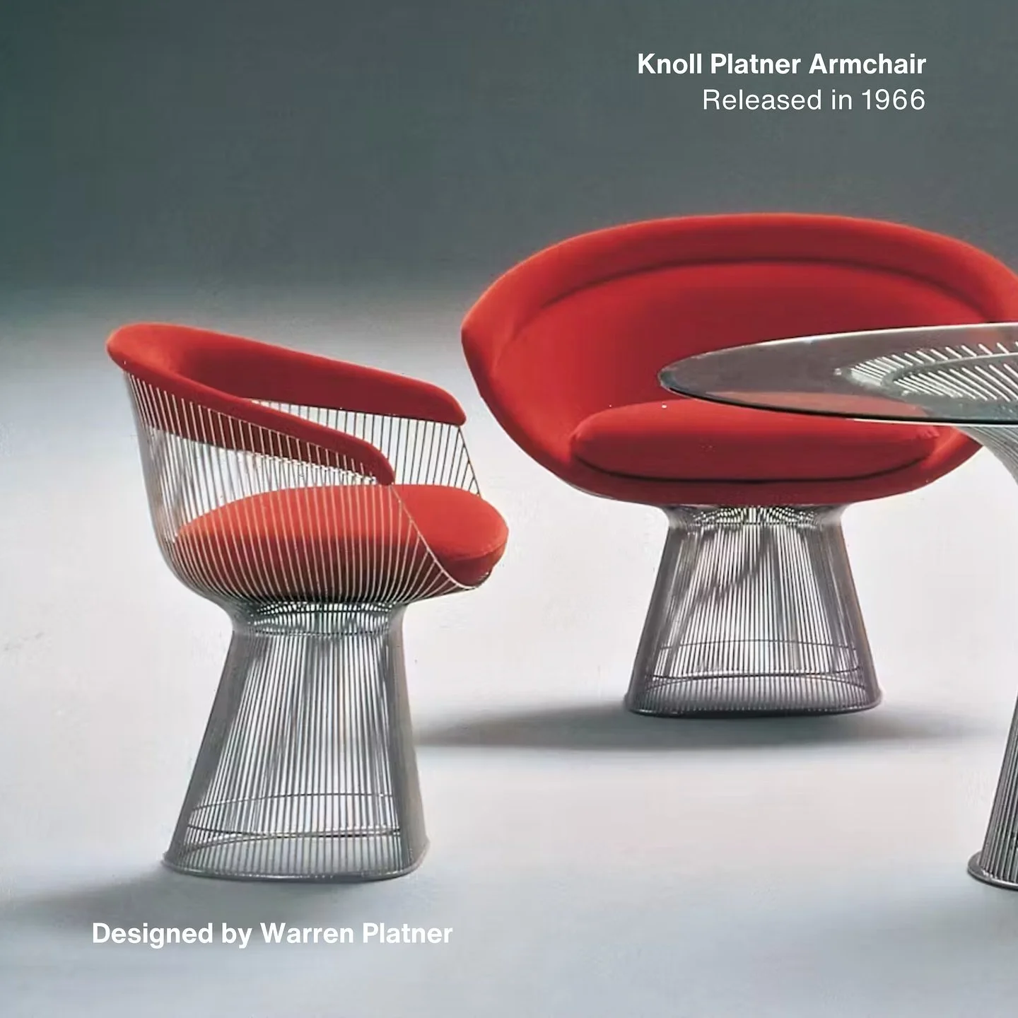 Red Knoll Platner armchair and side chair with wireframe bases, designed by Warren Platner in 1966.