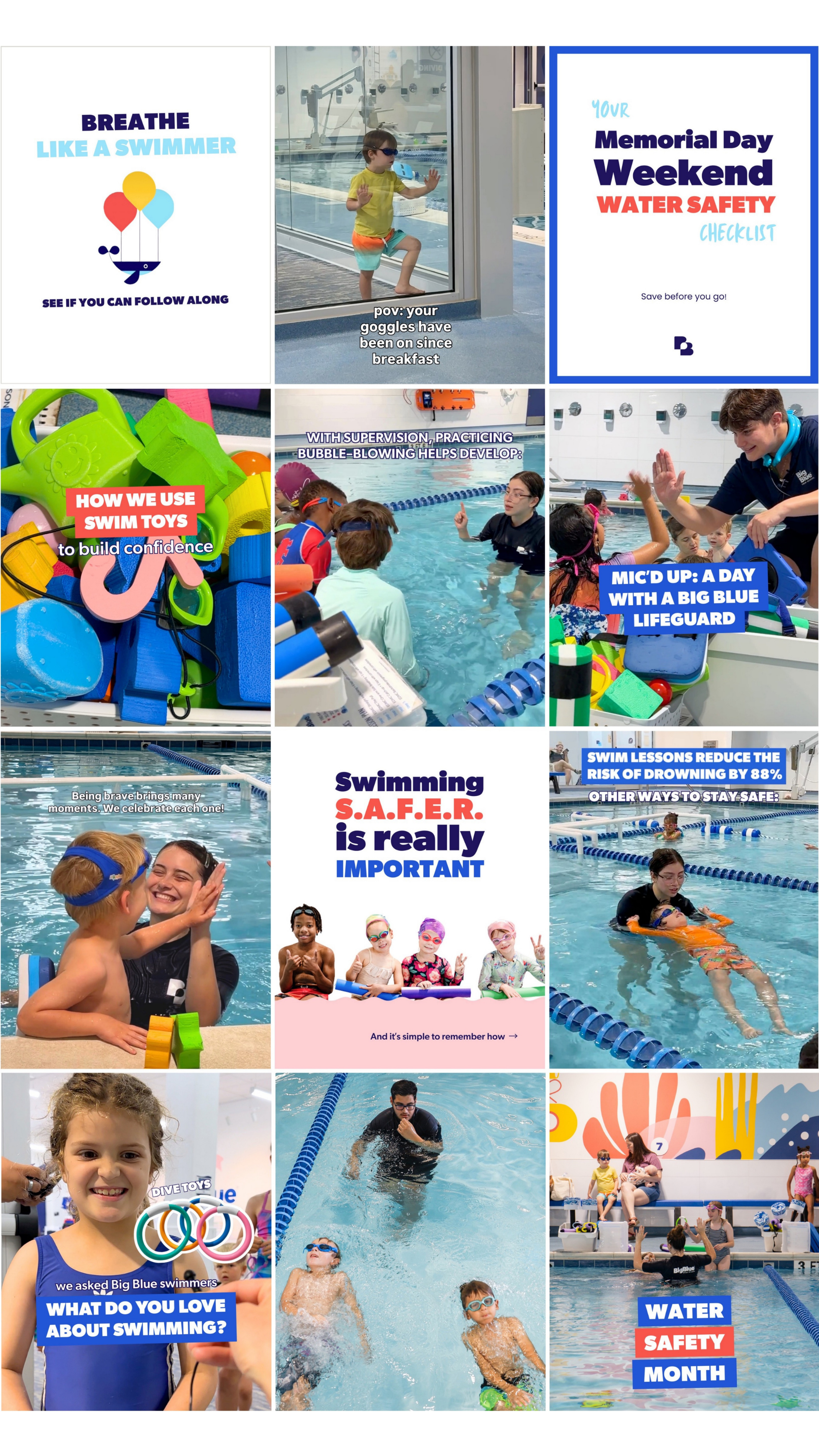 A collage of photos and graphics promoting water safety and swimming lessons for children at a swimming pool, featuring children practicing swimming, swimming instructor interactions, and safety checklists.