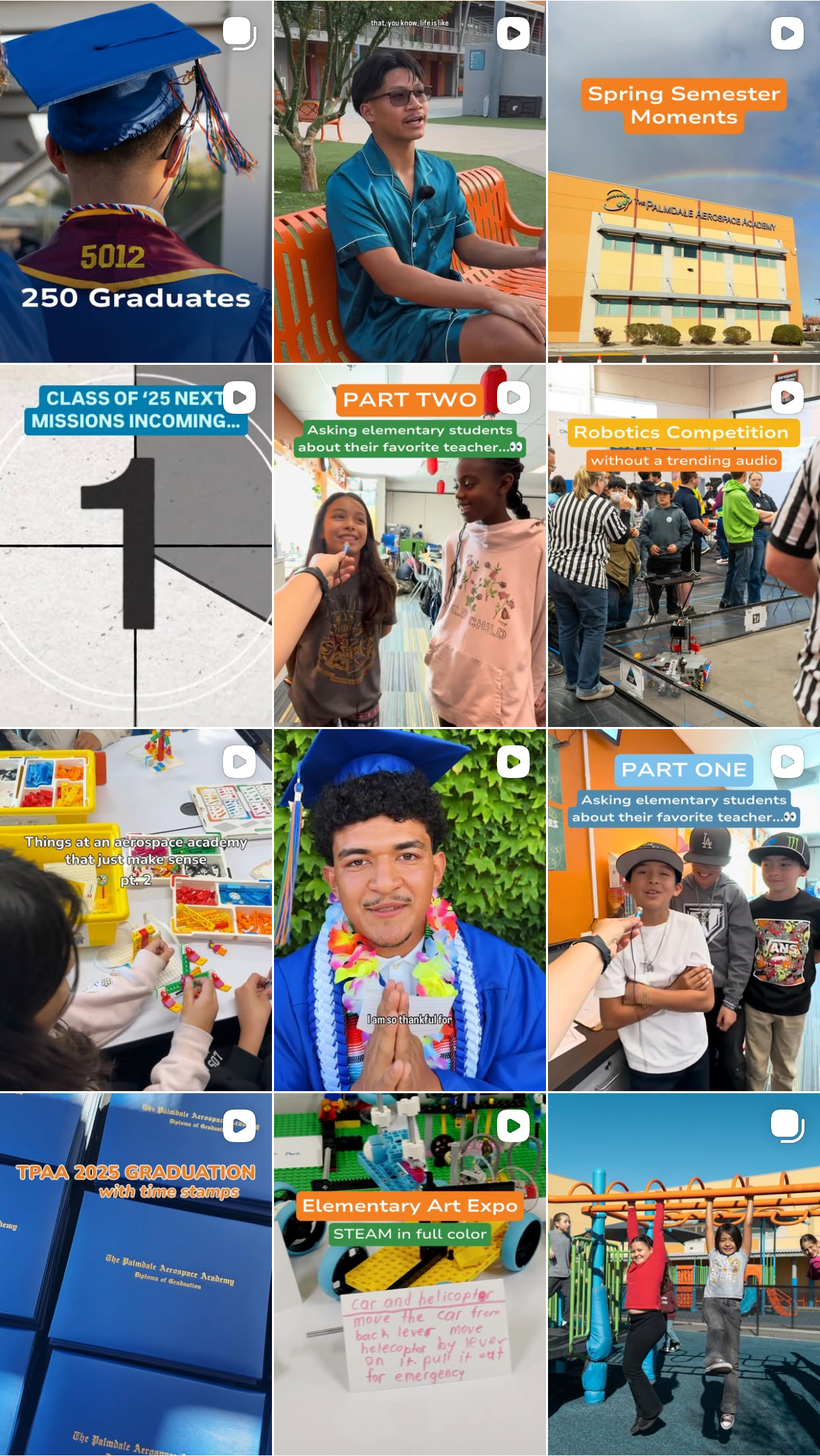 A collage of nine images showing students at an aerospace academy, including graduation scenes, classroom activities, outdoor campus, robotics competition, art expo, and students enjoying playground equipment.
