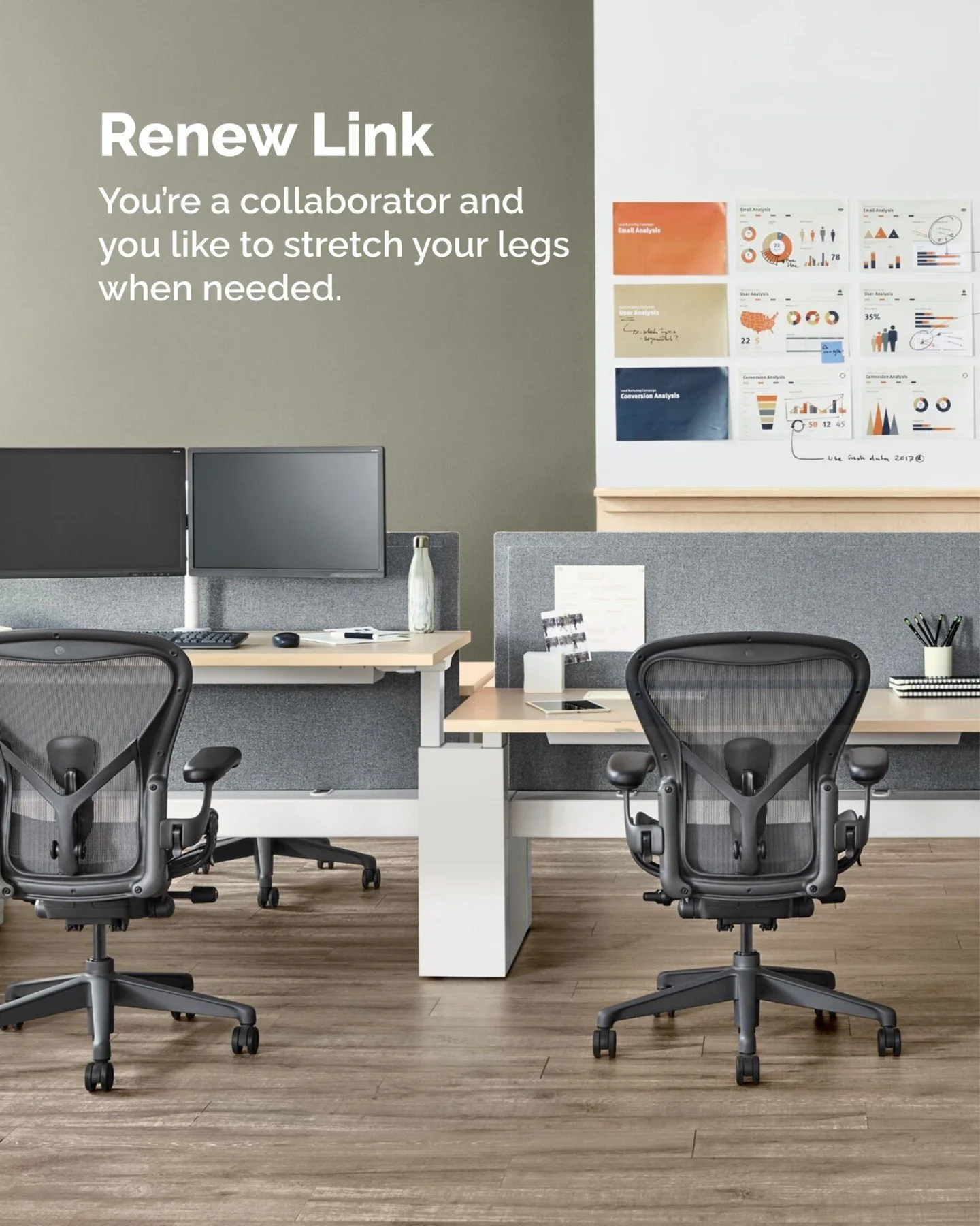 An office workspace with two desks, each with a black ergonomic office chair on casters. The left desk has a dual-monitor setup, a water bottle, and office supplies, with a green wall and a window in the background. The right desk has a gray partition, a white bookend with photos, a small white box, and a black and white striped cup with pencils. Behind the desks, a white wall displays various charts and notes, and the floor is wood.